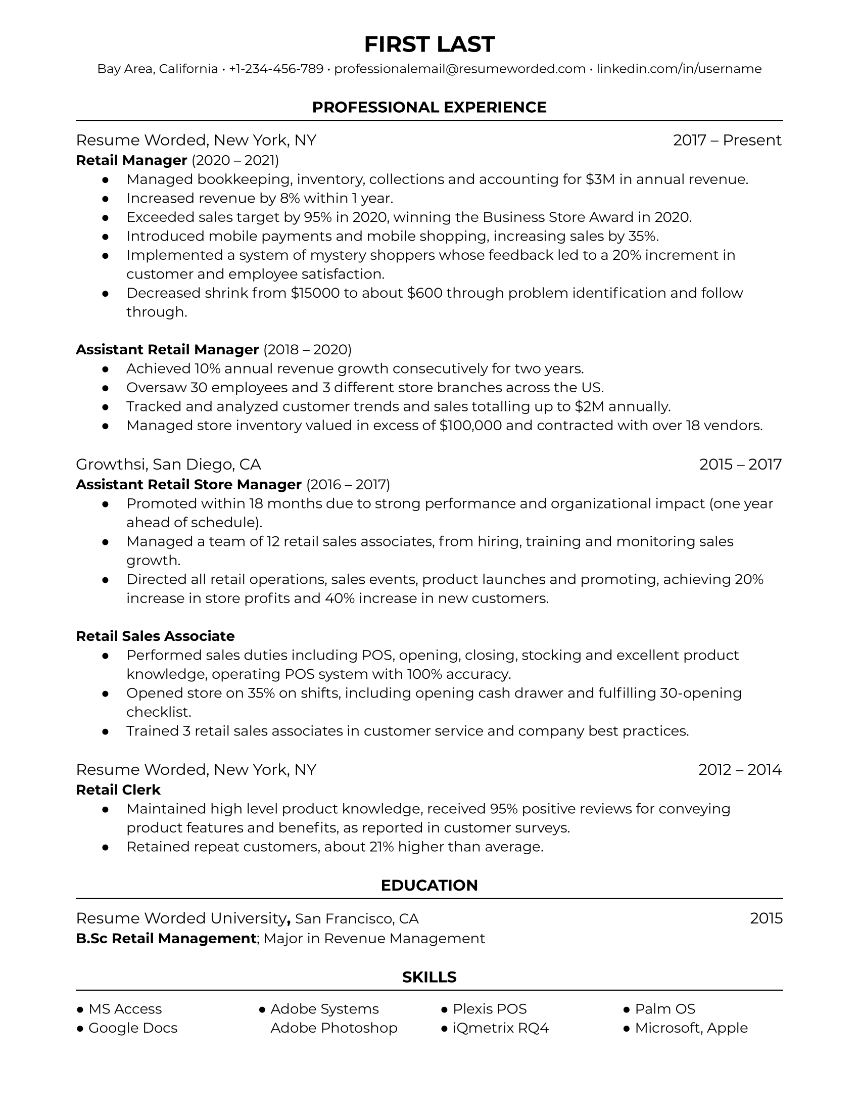 Retail manager resume example template showing career growth through job titles and strong action verbs