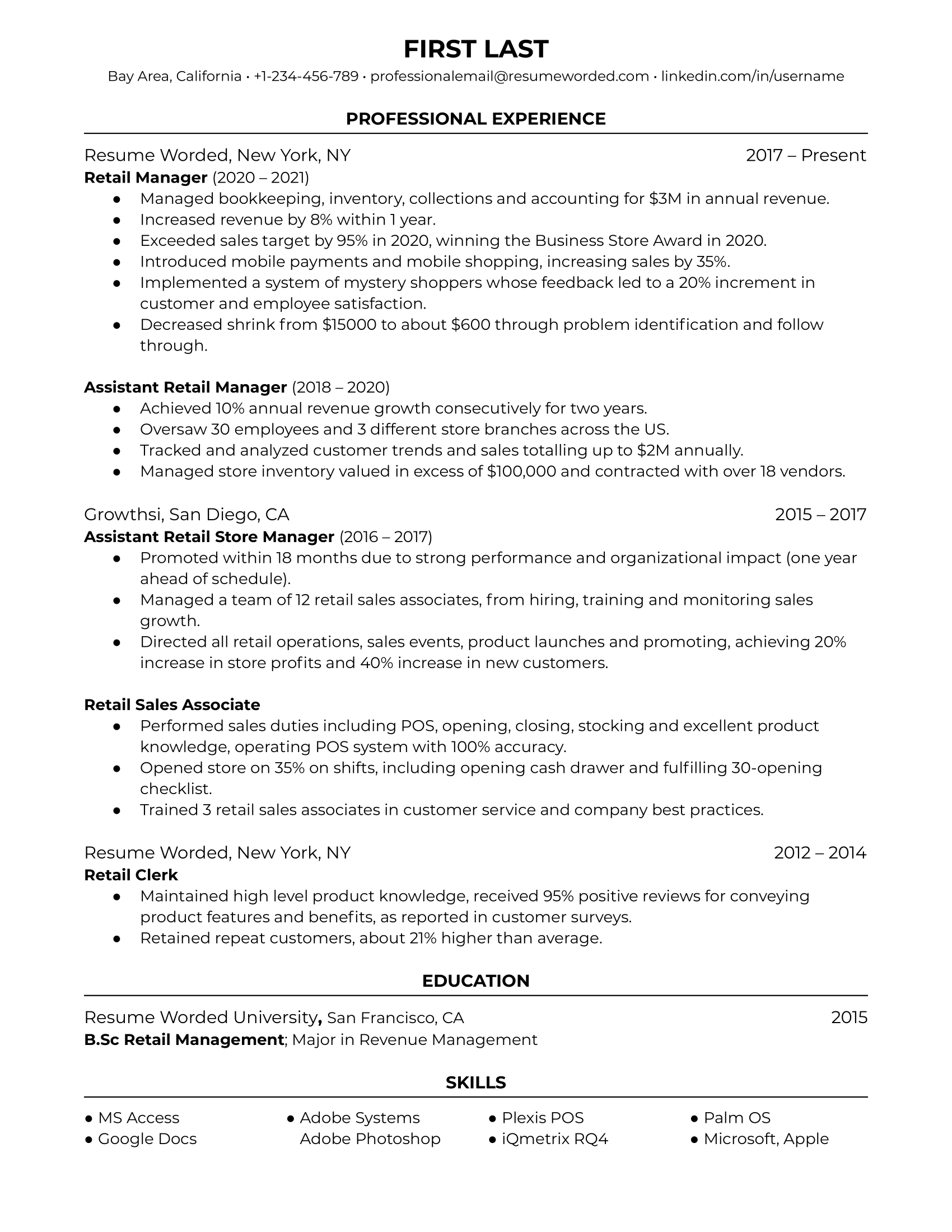 Retail Manager Resume Sample