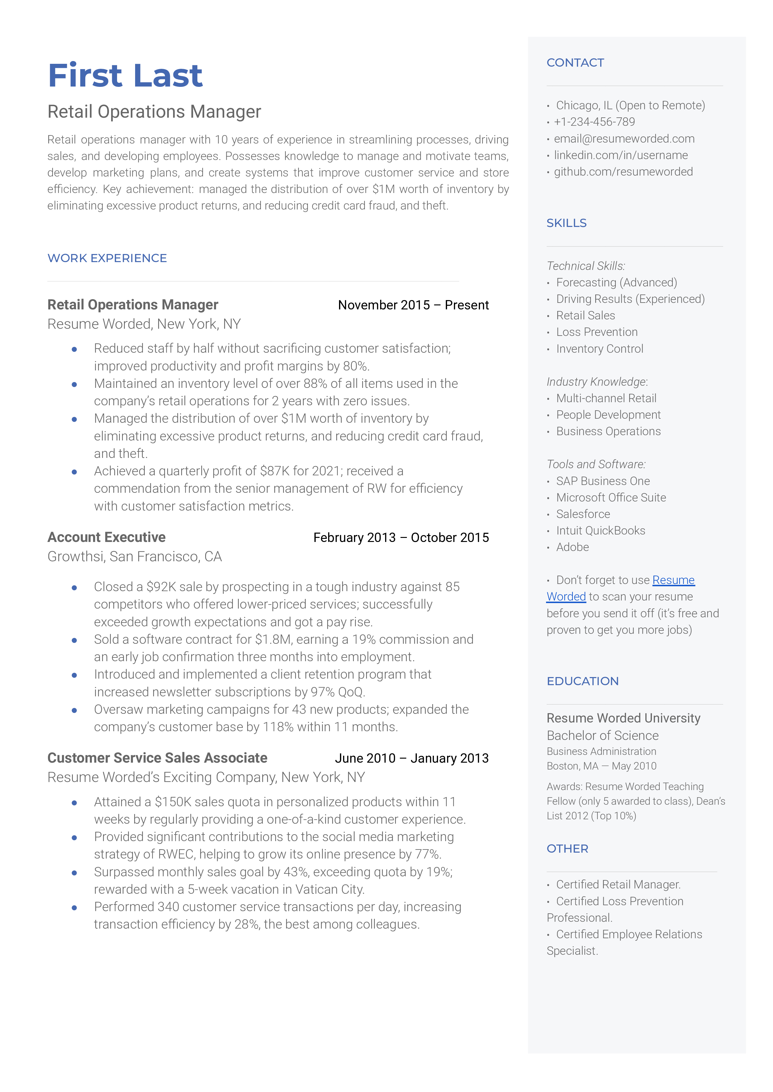 A retail operations manager resume sample that highlights the applicant's retail experience and operations achievements.