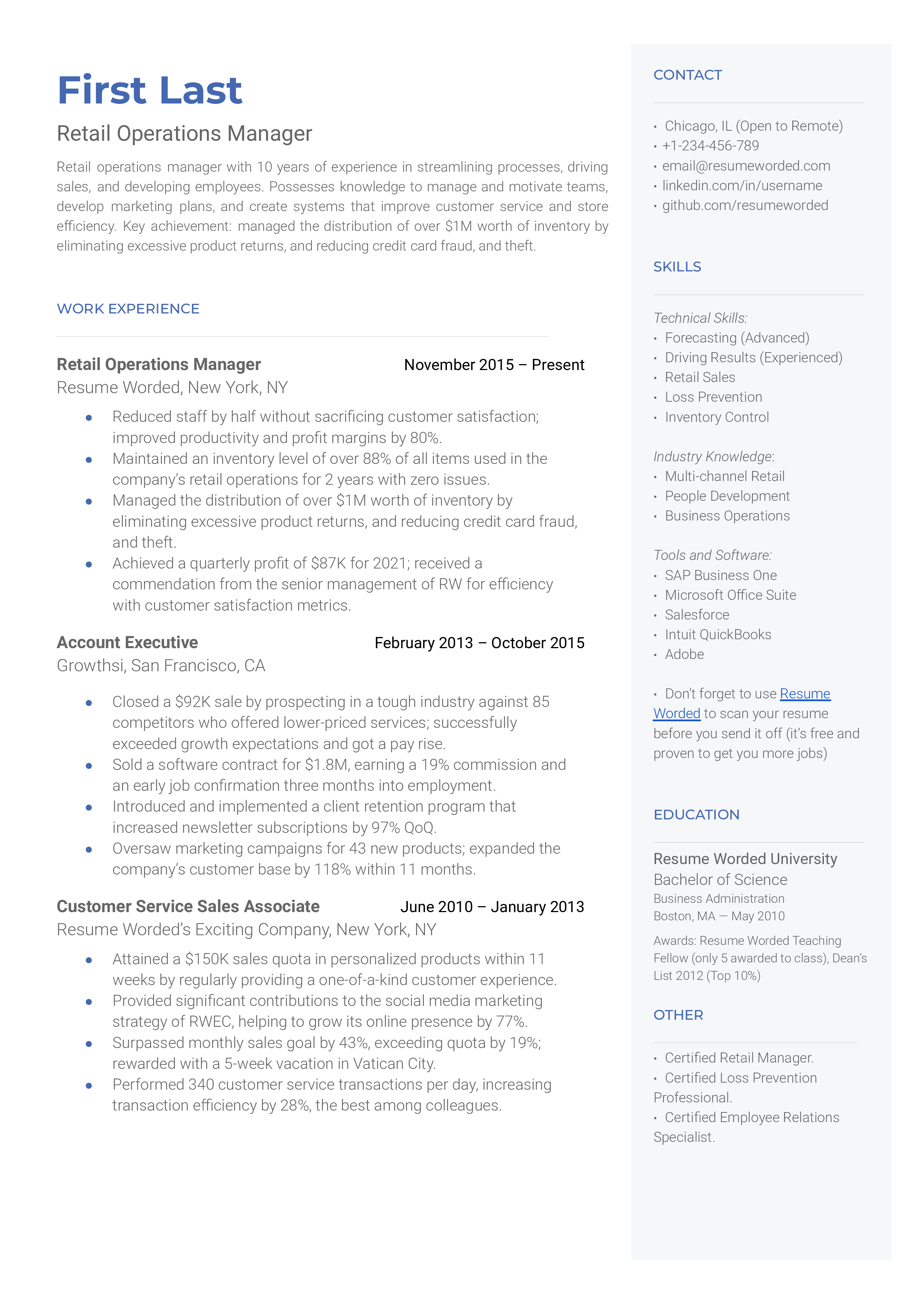 Operations Manager Resume Examples for    Resume Worded