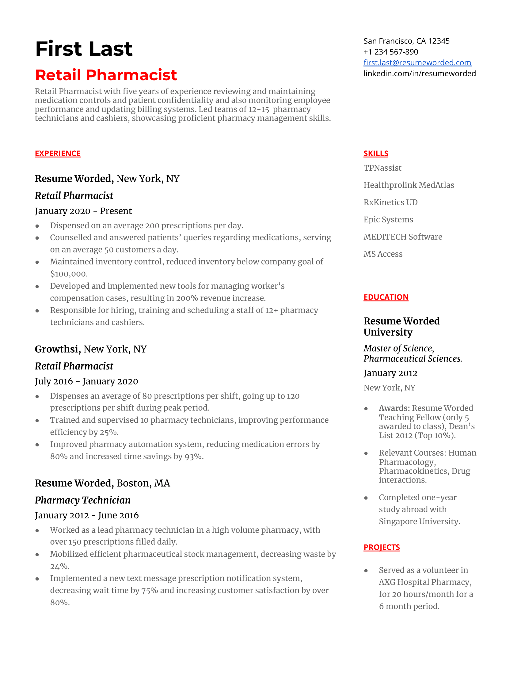 A resume for a retail pharmacist with a degree in pharmacy and experience as a drug safety associate.