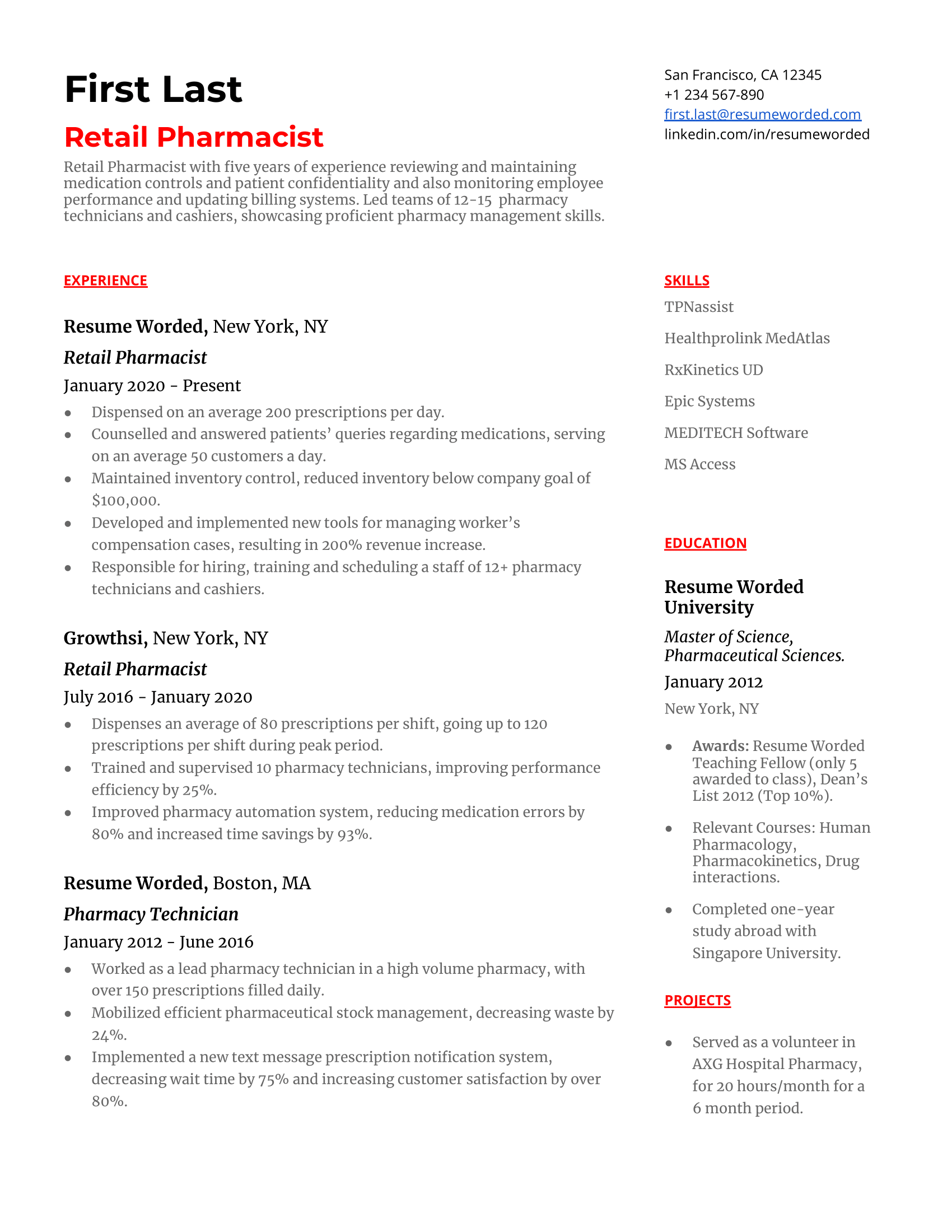 Retail Pharmacist Resume Sample