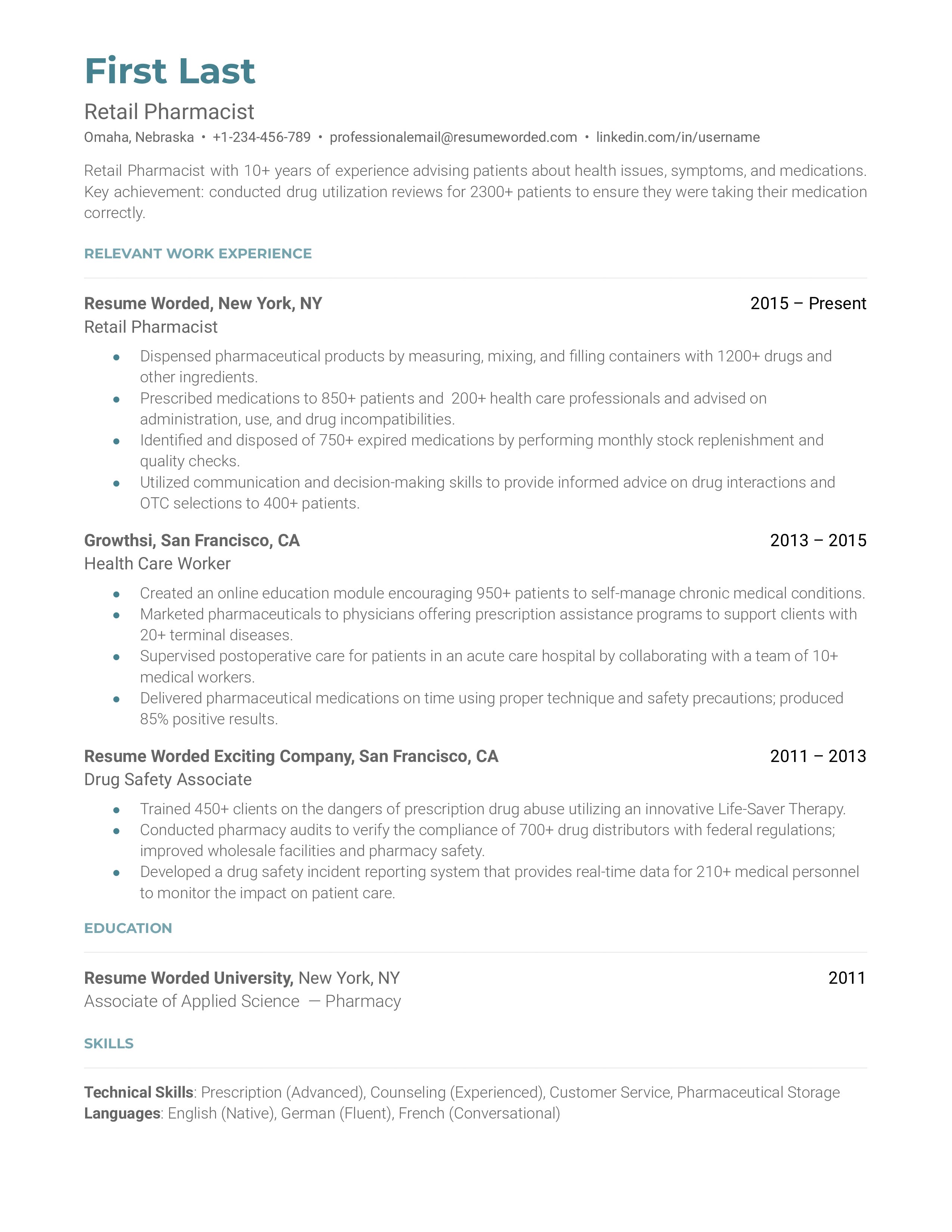 Retail Pharmacist Resume Examples for 2025 | Resume Worded