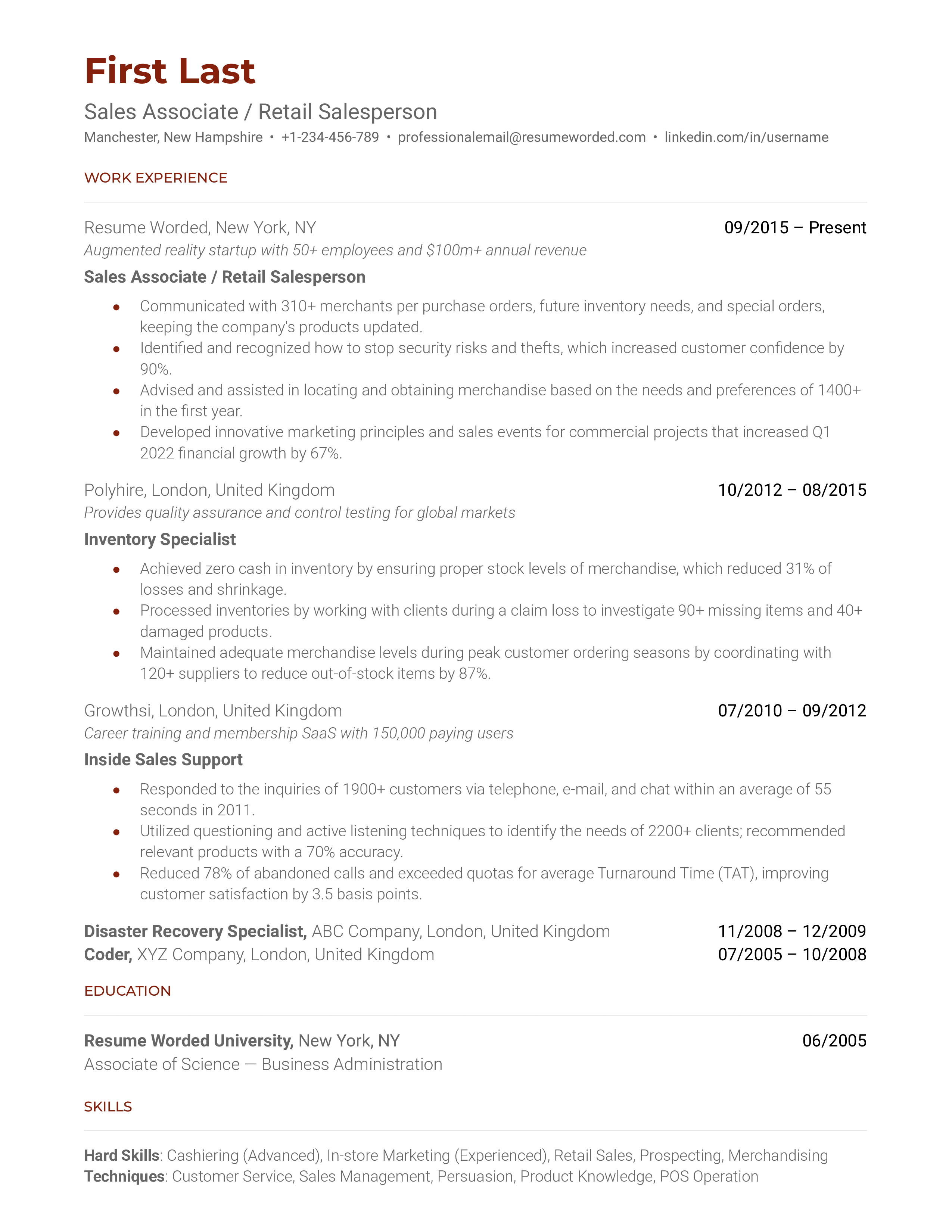 Sales associate resume showcasing customer service and sales achievements