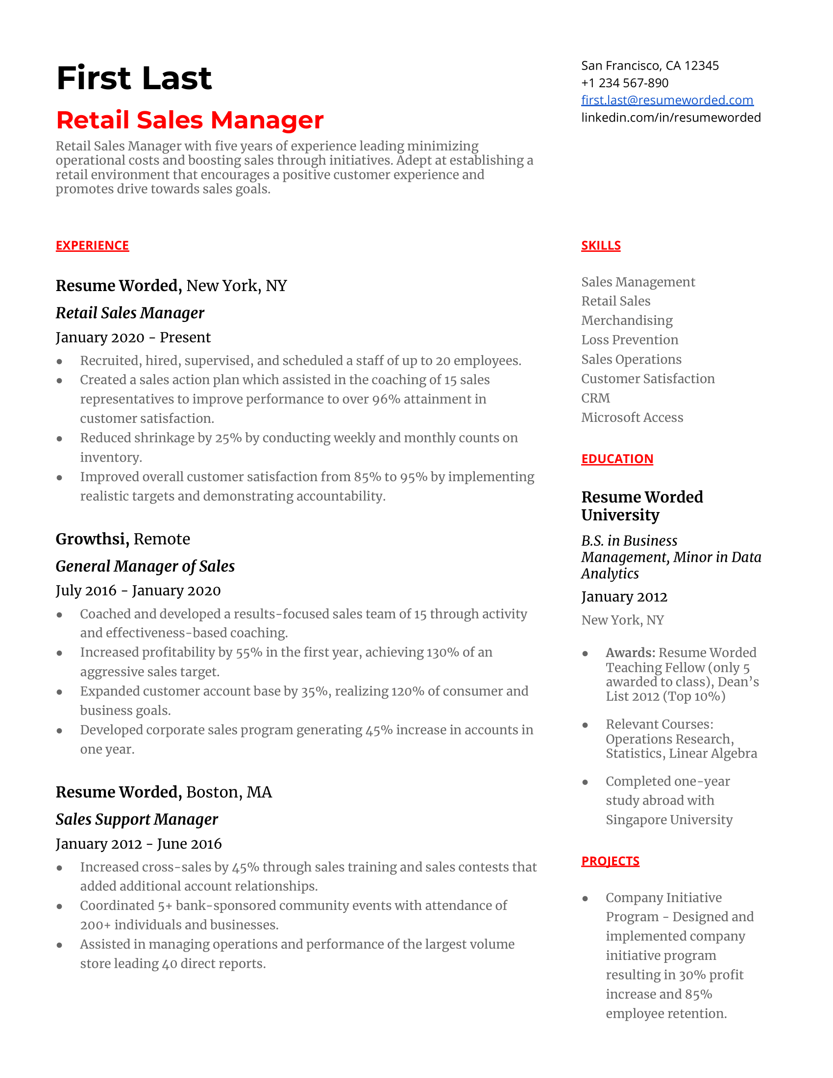 A resume for a retail sales manager with a bachelor's degree in business management and prior experience as a general manager of sales.