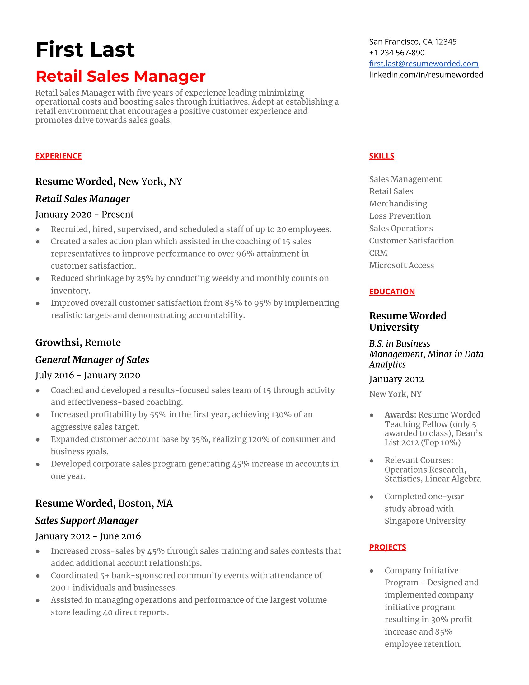 Retail Sales Manager Resume Examples for 2024 | Resume Worded