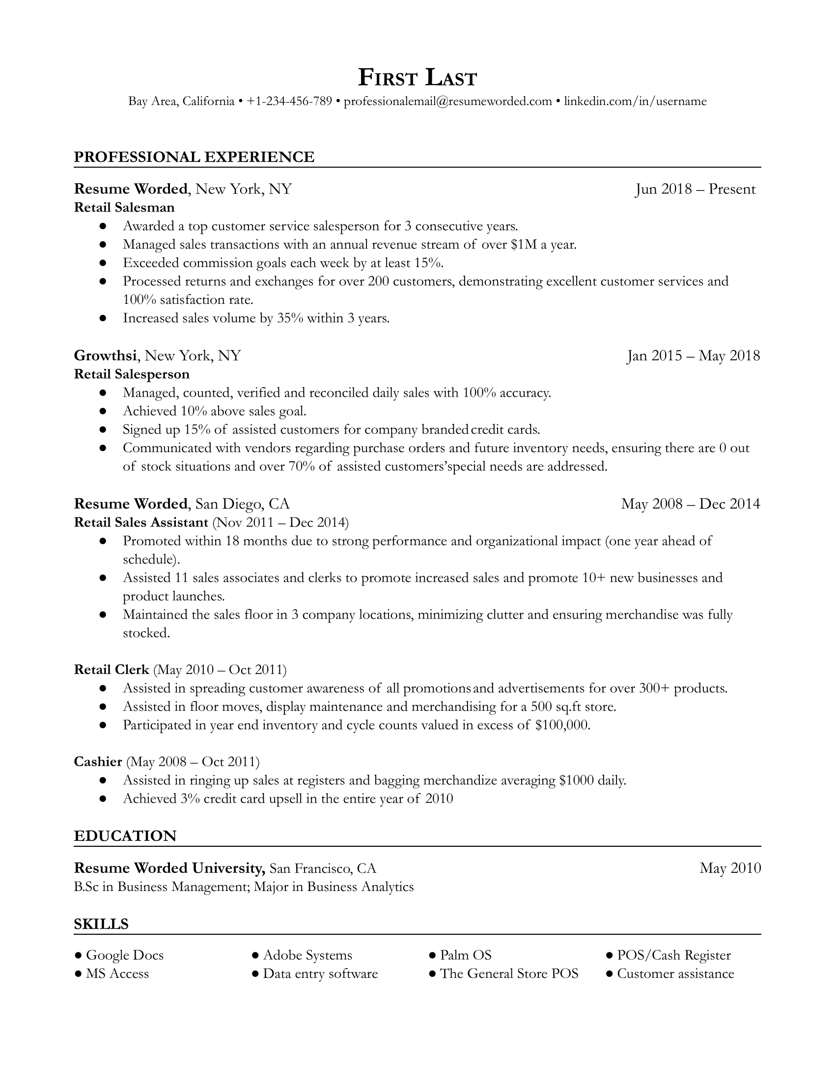 Retail Salesperson / Retail Salesman Resume Sample