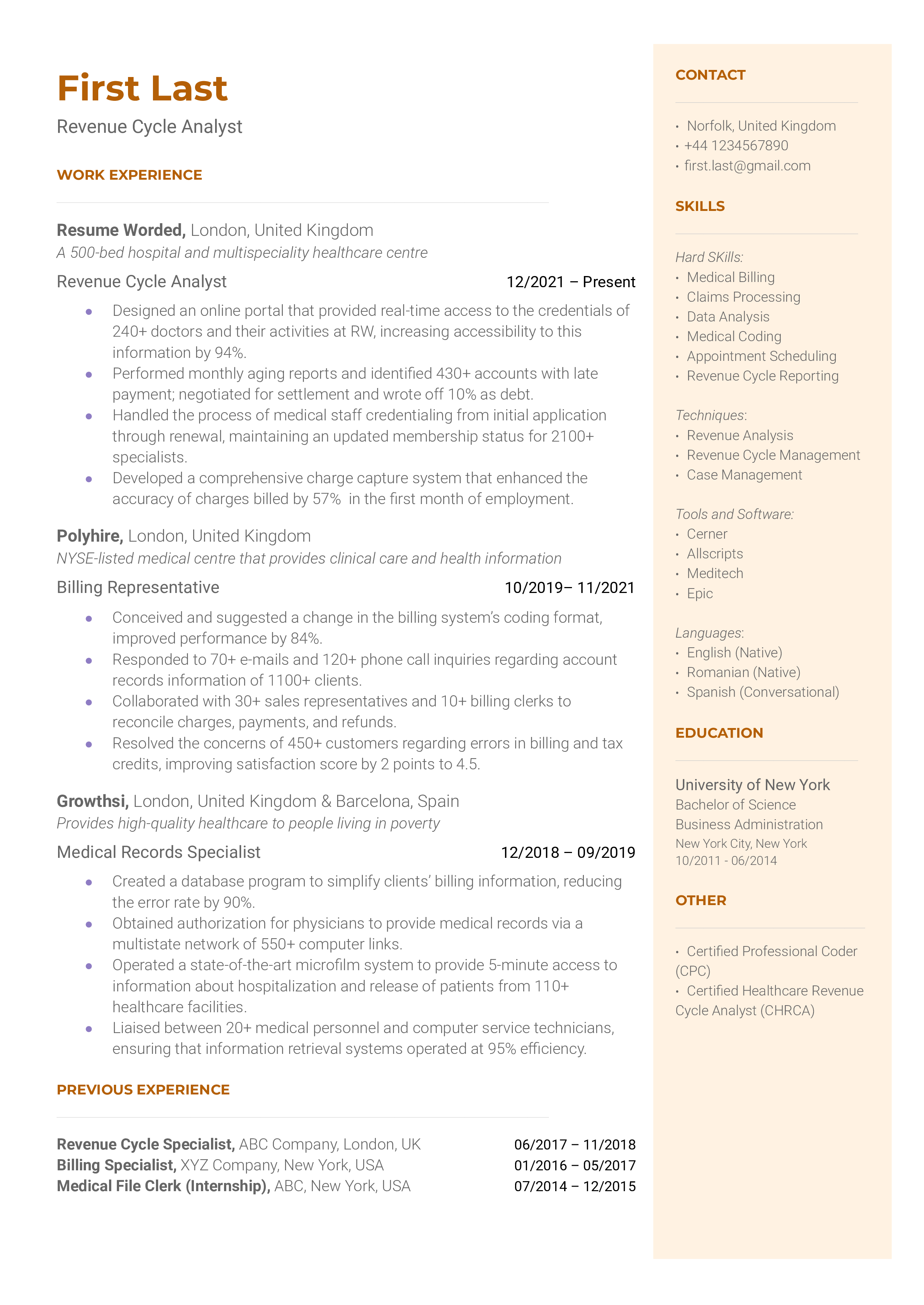A revenue cycle analyst resume template including professional certifications.