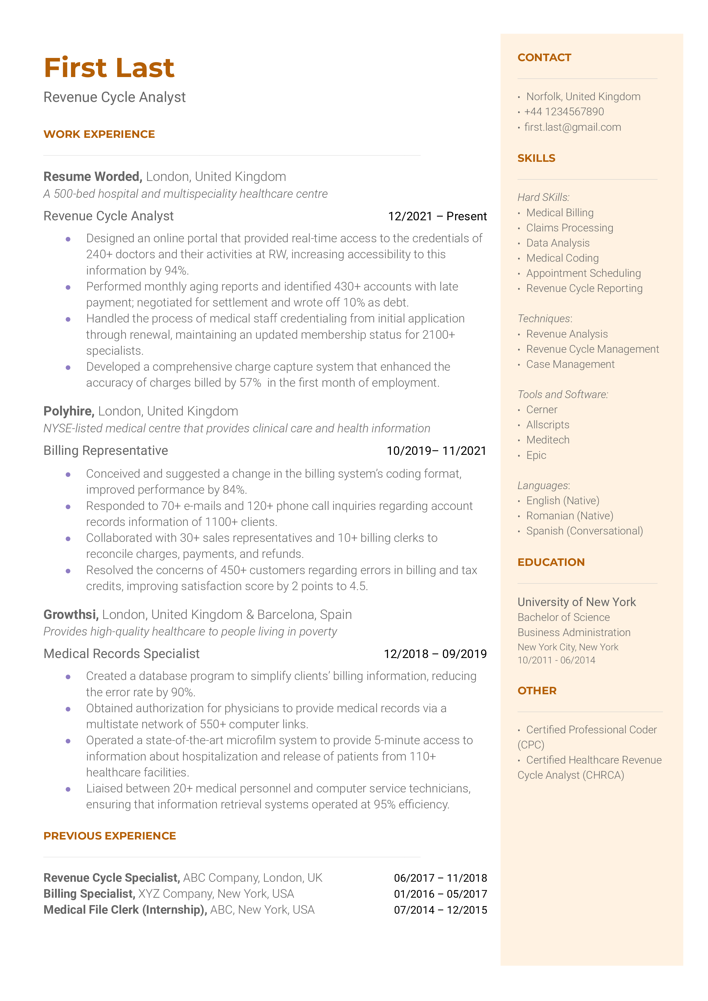 Revenue Cycle Analyst Resume Sample