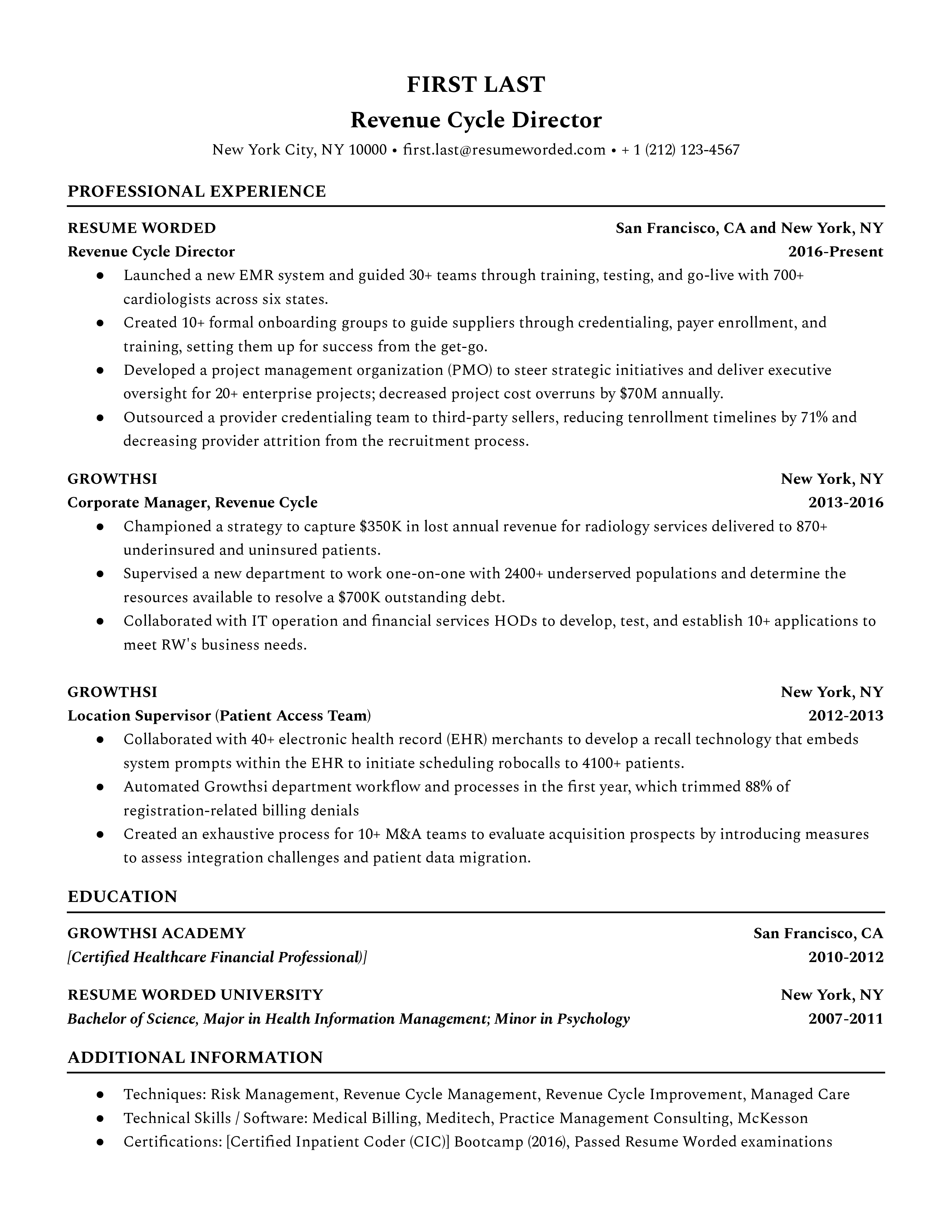 A revenue cycle director resume template that highlights management experience in the RCM field.