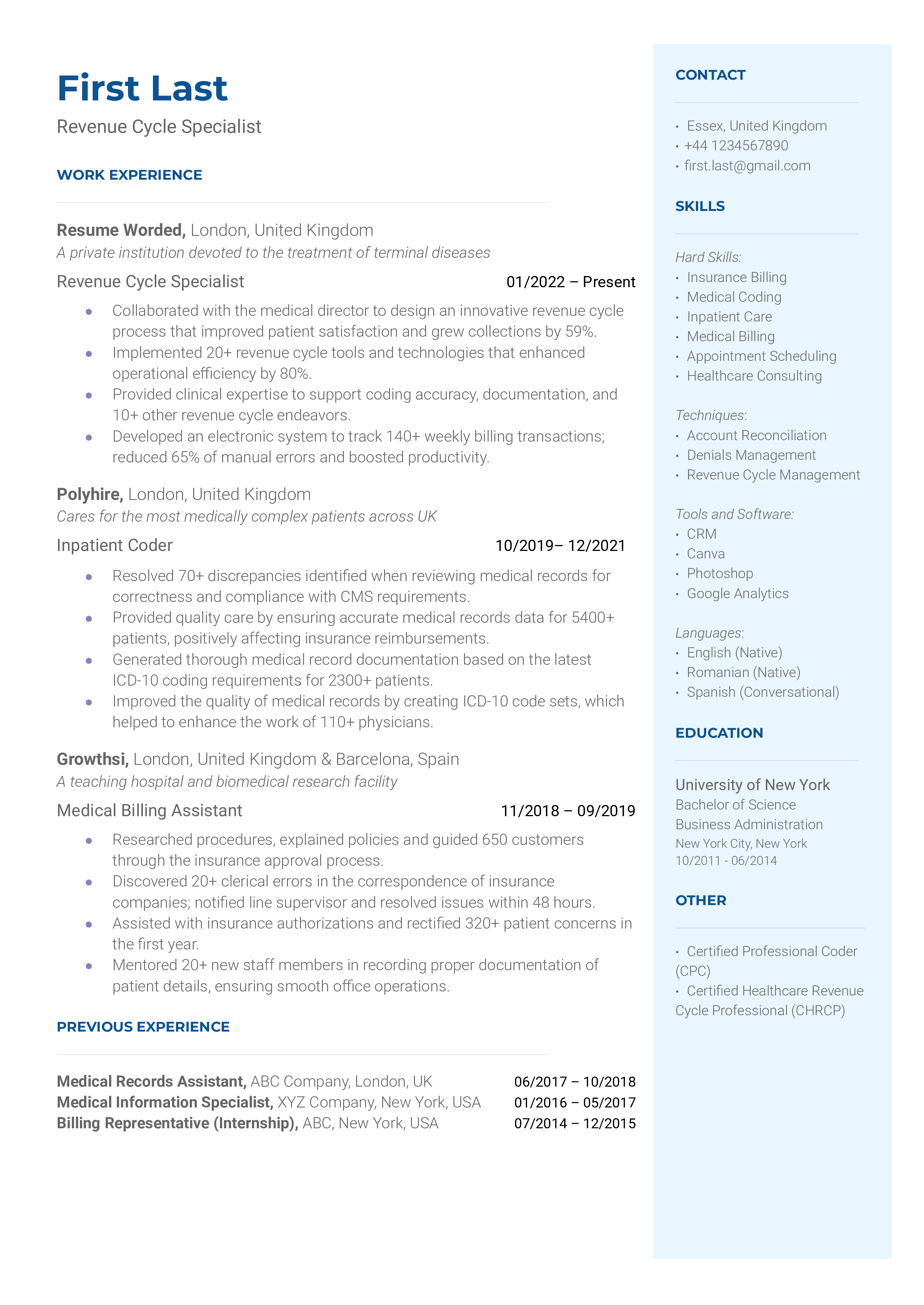 A revenue cycle specialist resume template that emphasizes technical skills and knowledge of industry tools. 