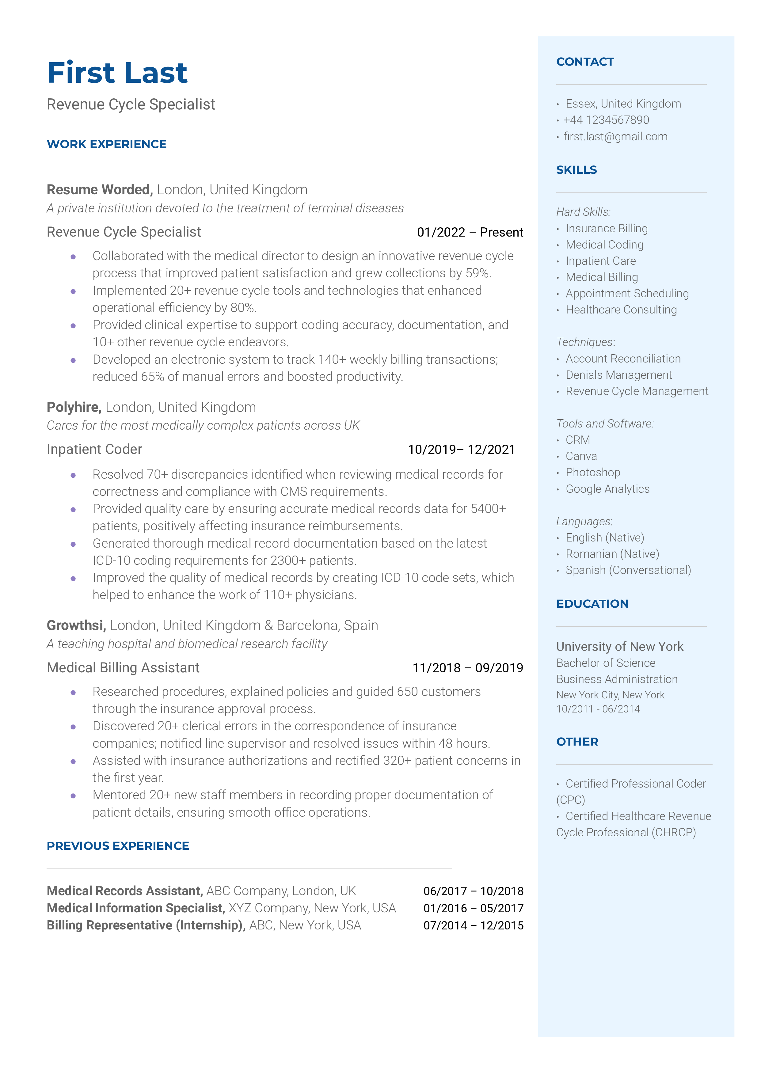 Screenshot of a CV for a Revenue Cycle Specialist role.