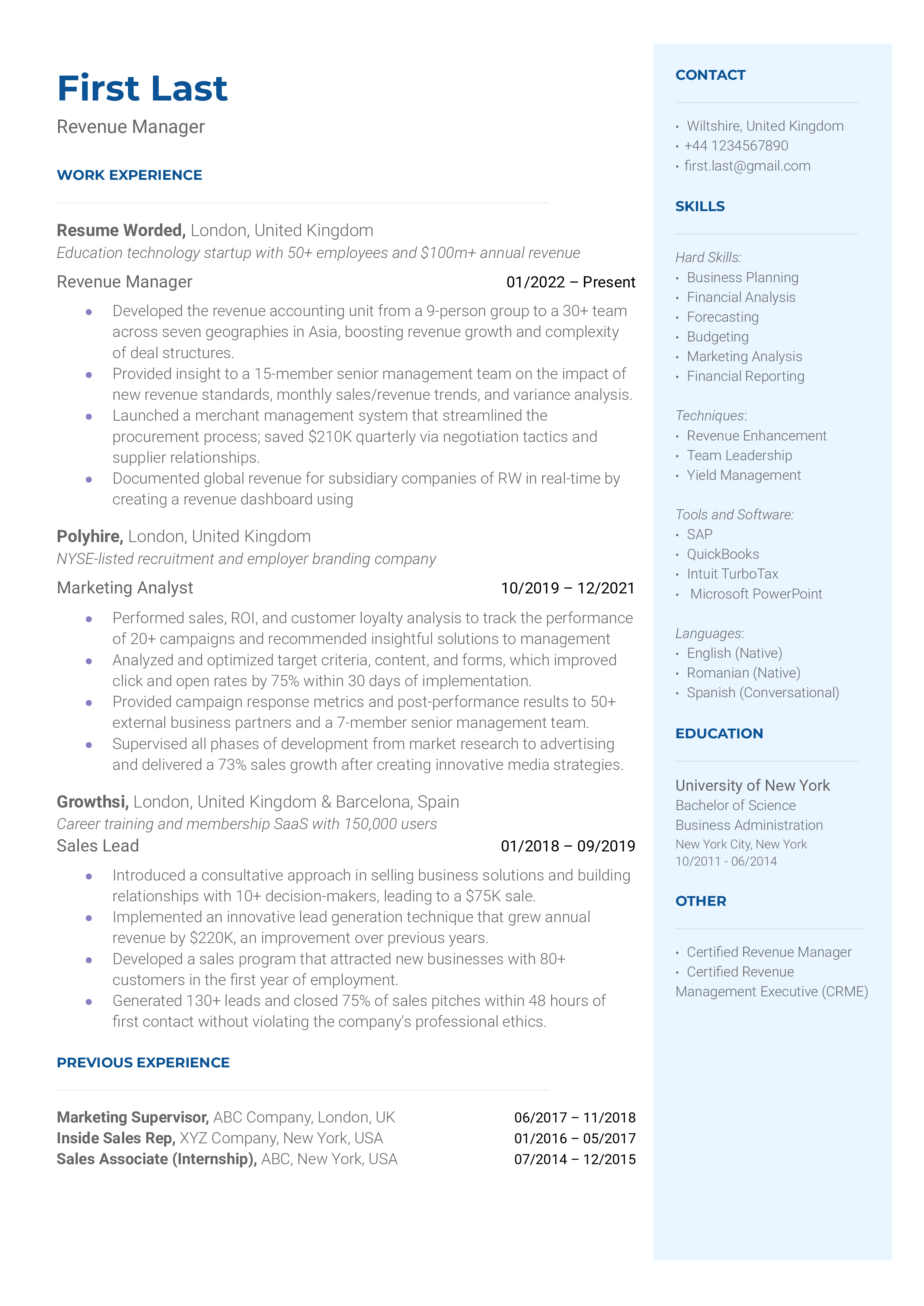 A revenue manager resume sample that highlights the candidate's certifications and skills.