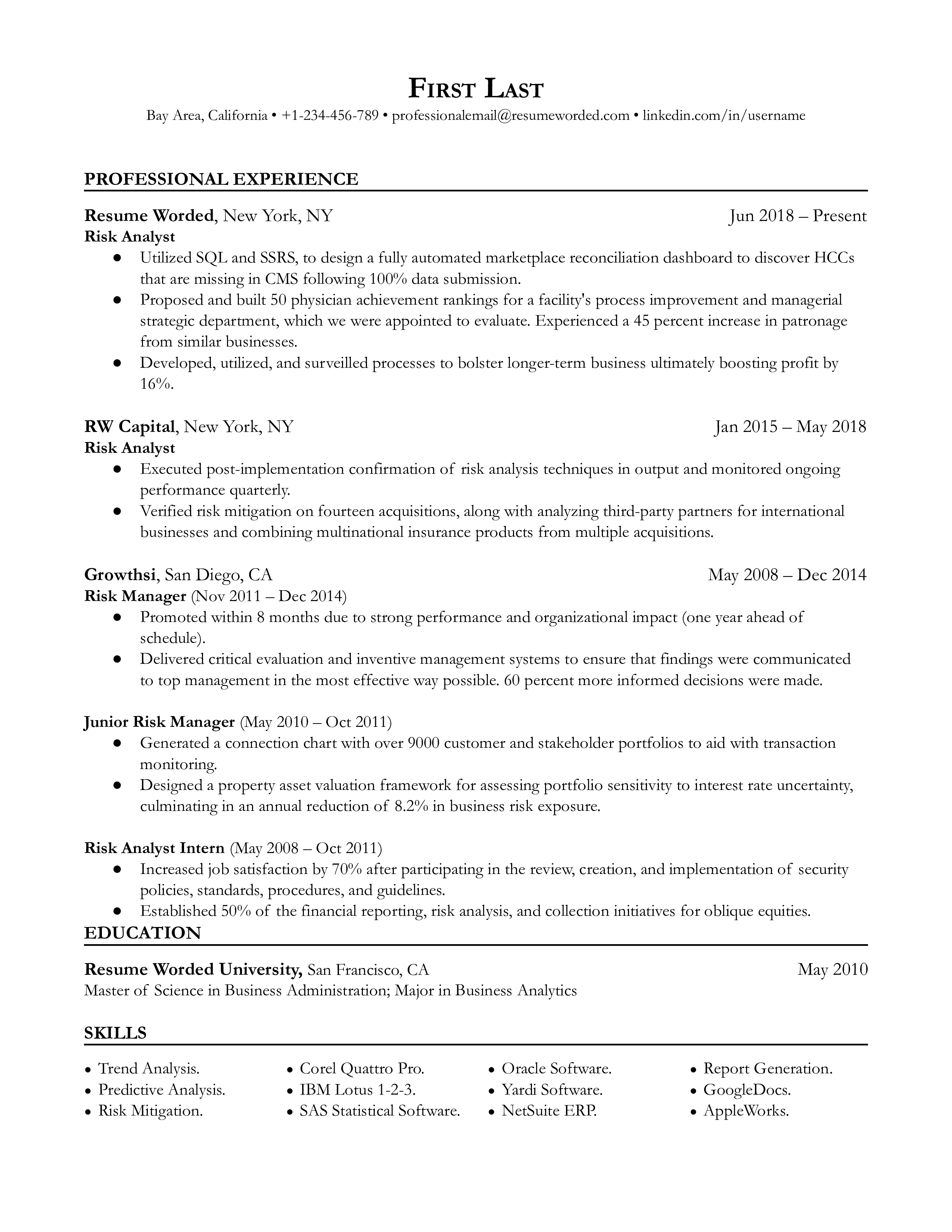 A successful risk analyst resume sample that highlights the applicants technical and analytical skills.