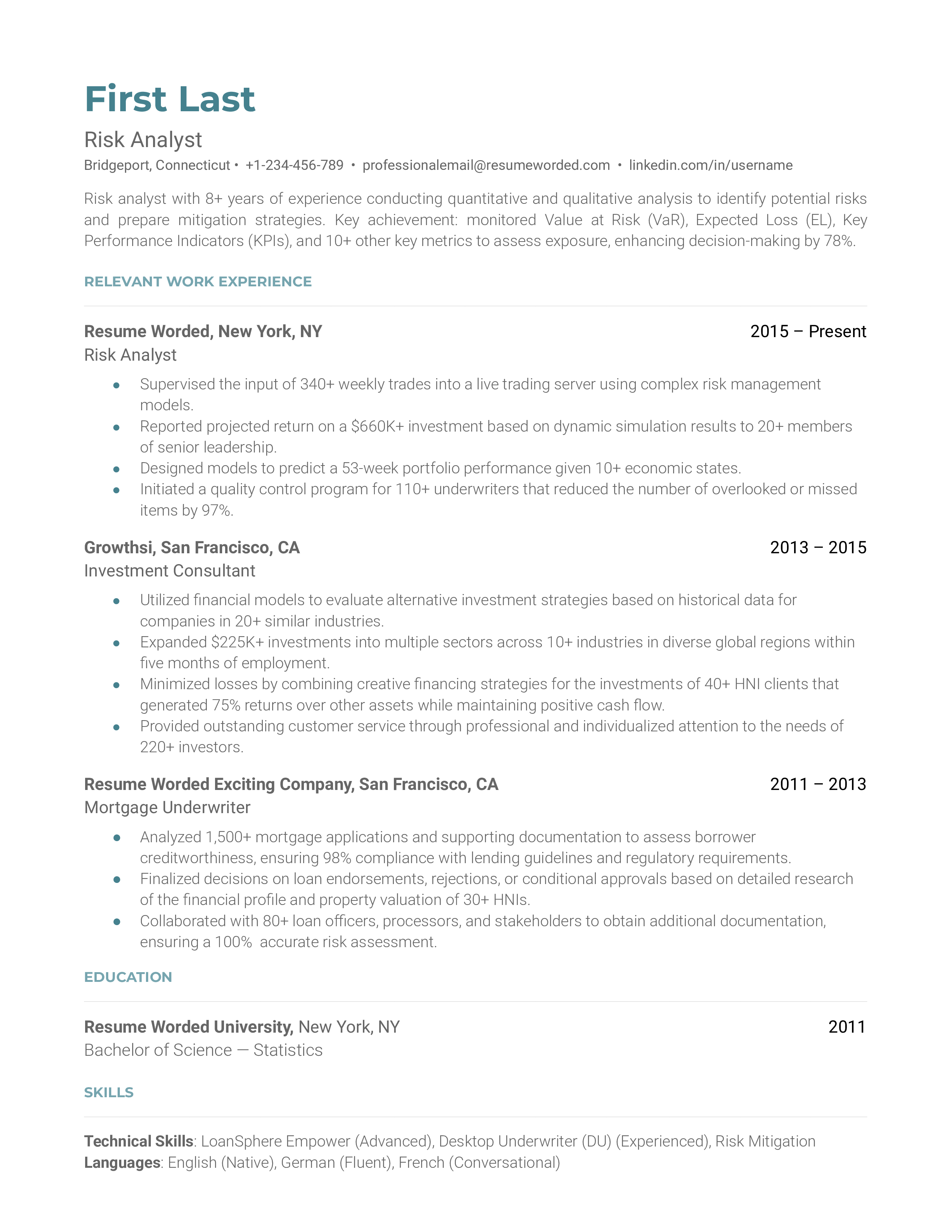 Professional resume for a Risk Analyst highlighting regulatory knowledge and data analysis skills.