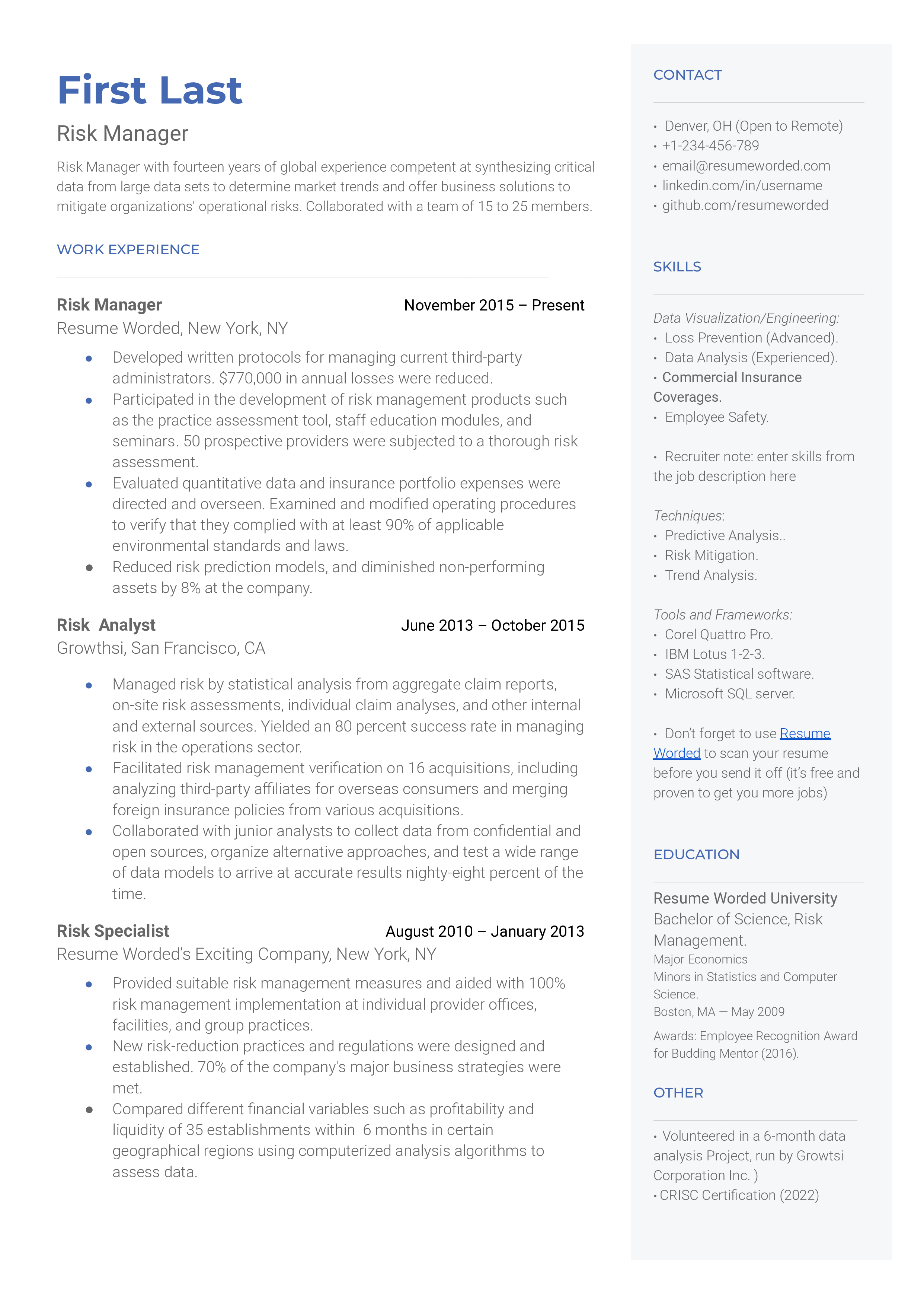 Risk Manager Resume Template + Example