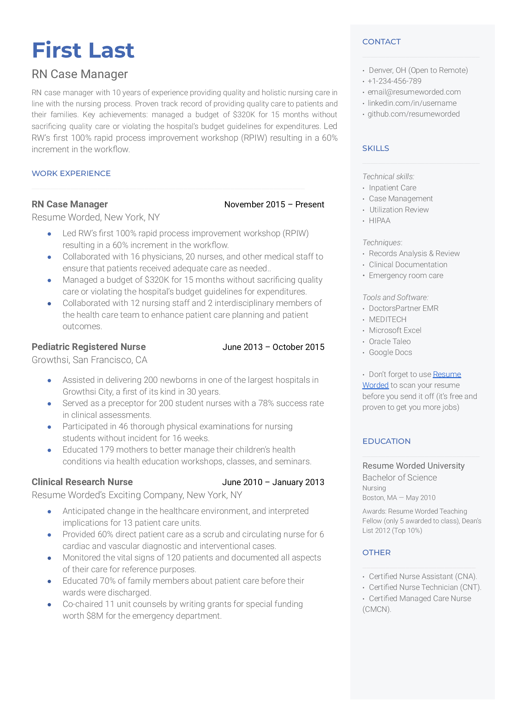 A neatly organized RN Case Manager CV, showcasing healthcare and business skills.