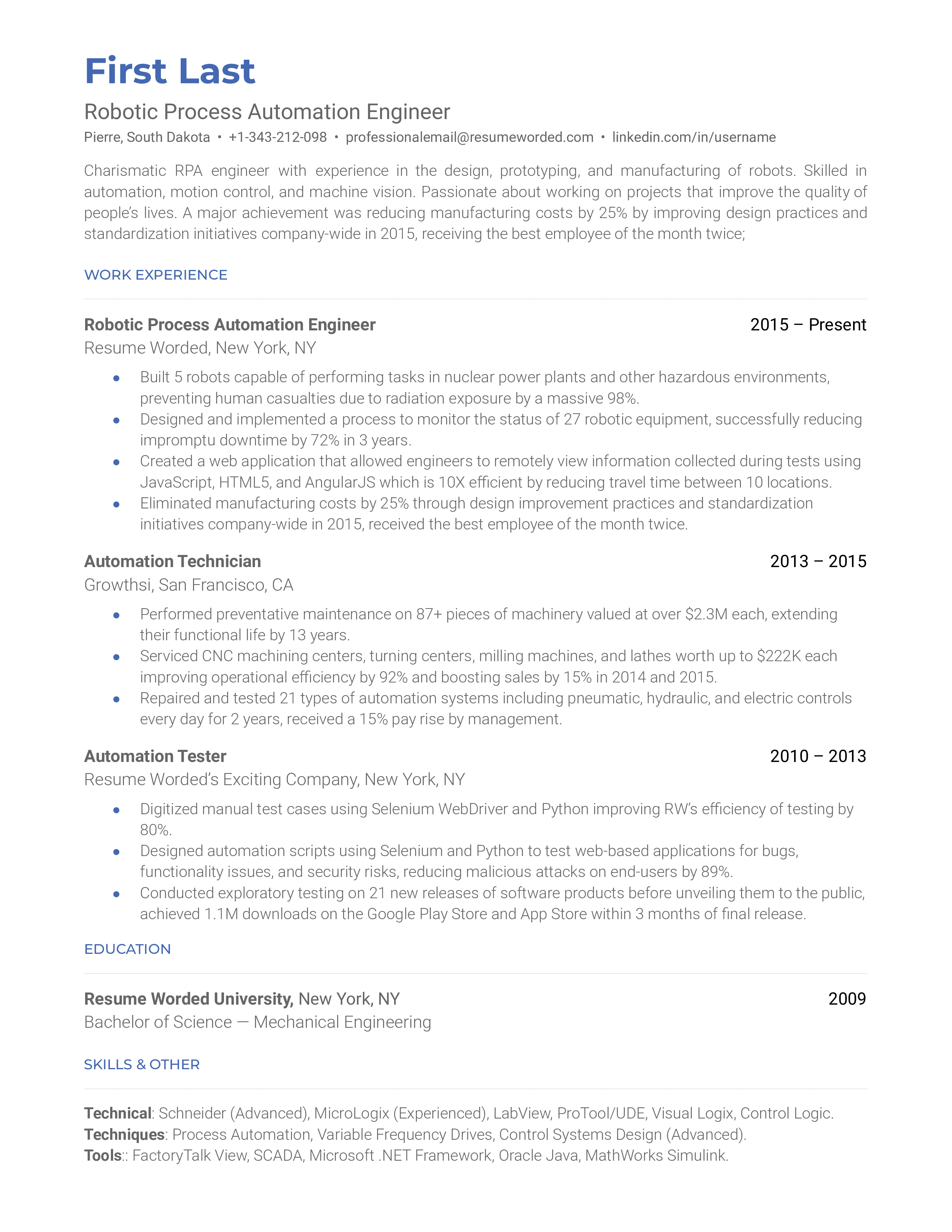 Robot Process Automation Engineer resume sample that highlights applicant's experience and tools section.