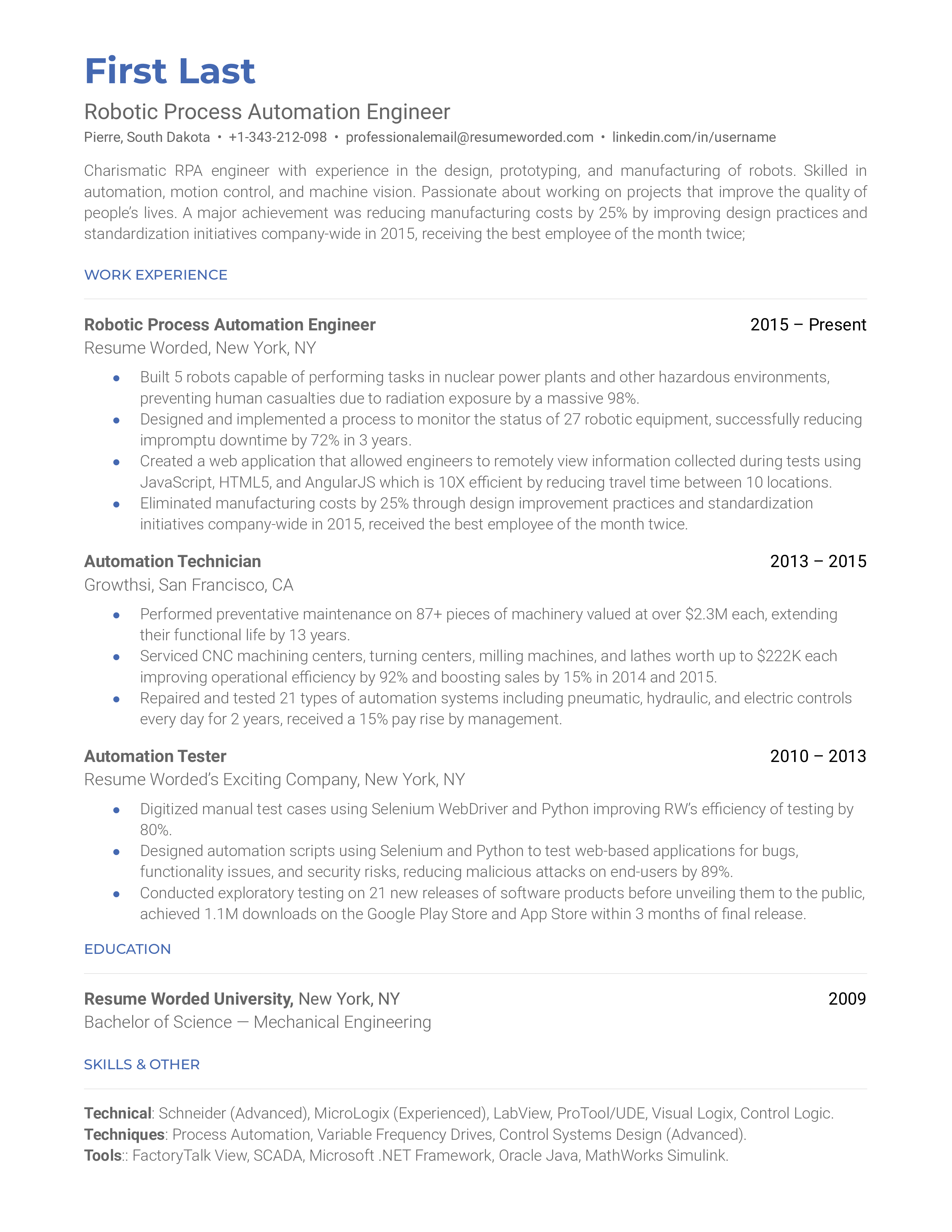 8 Automation Engineer Resume Examples for 2025 | Resume Worded