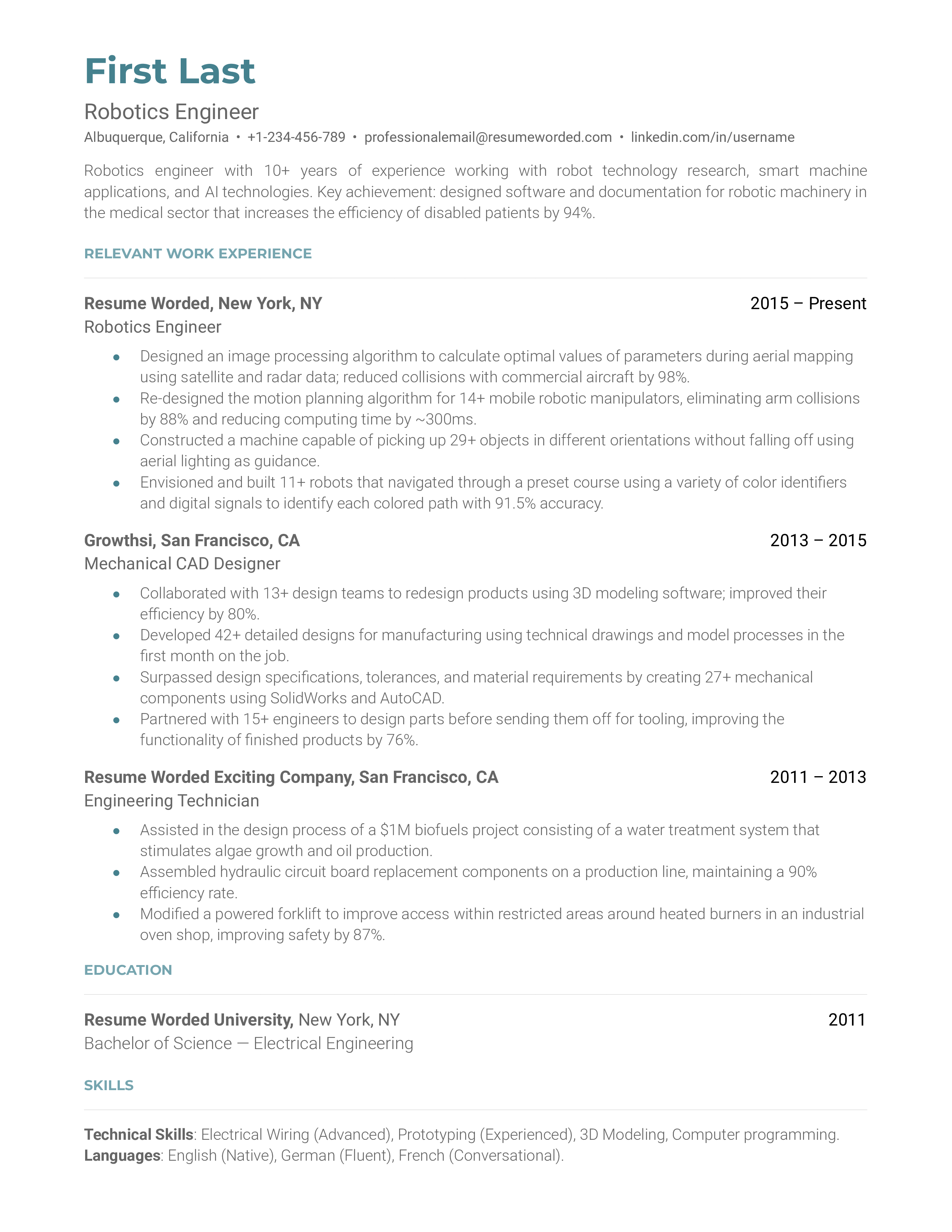 Professional CV of a robotics engineer featuring key skills and experiences.