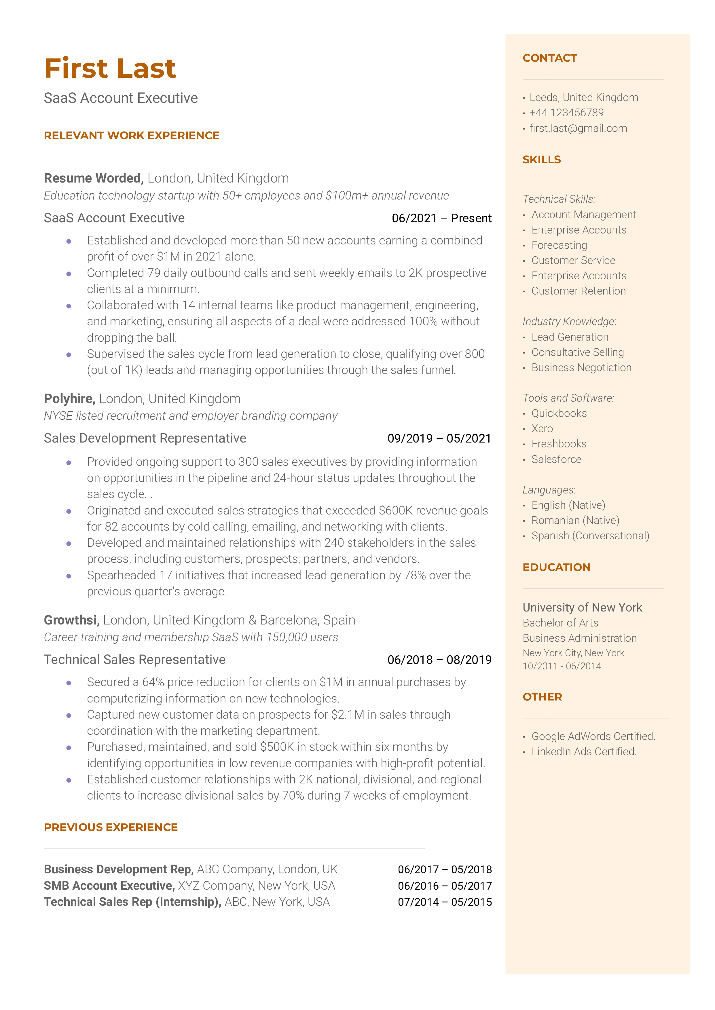 A SaaS Account Executive resume template that includes contact information, skills, and relevant work experience