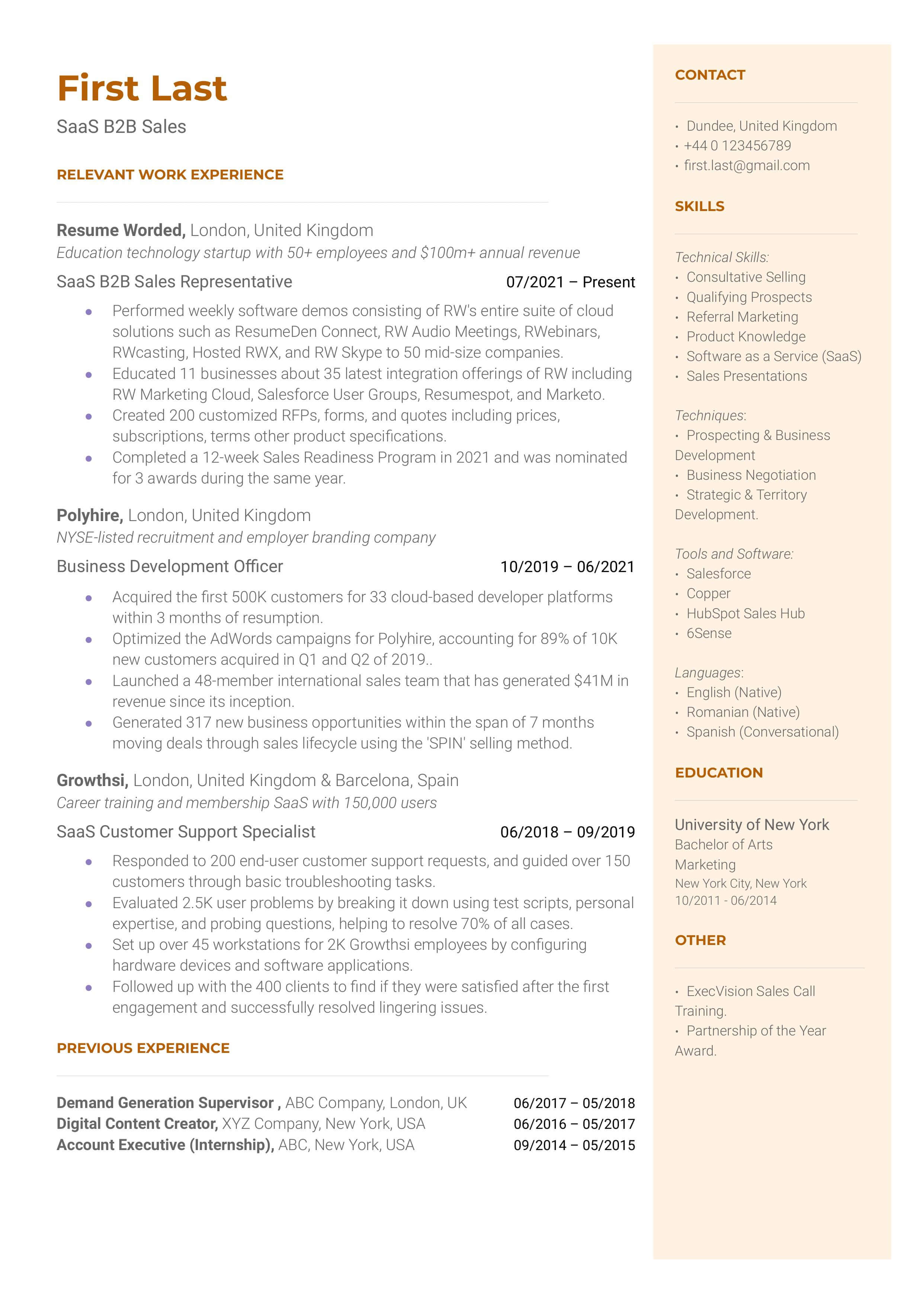 A SaaS B2B Sales resume template that showcases education background, skills, and industry experience