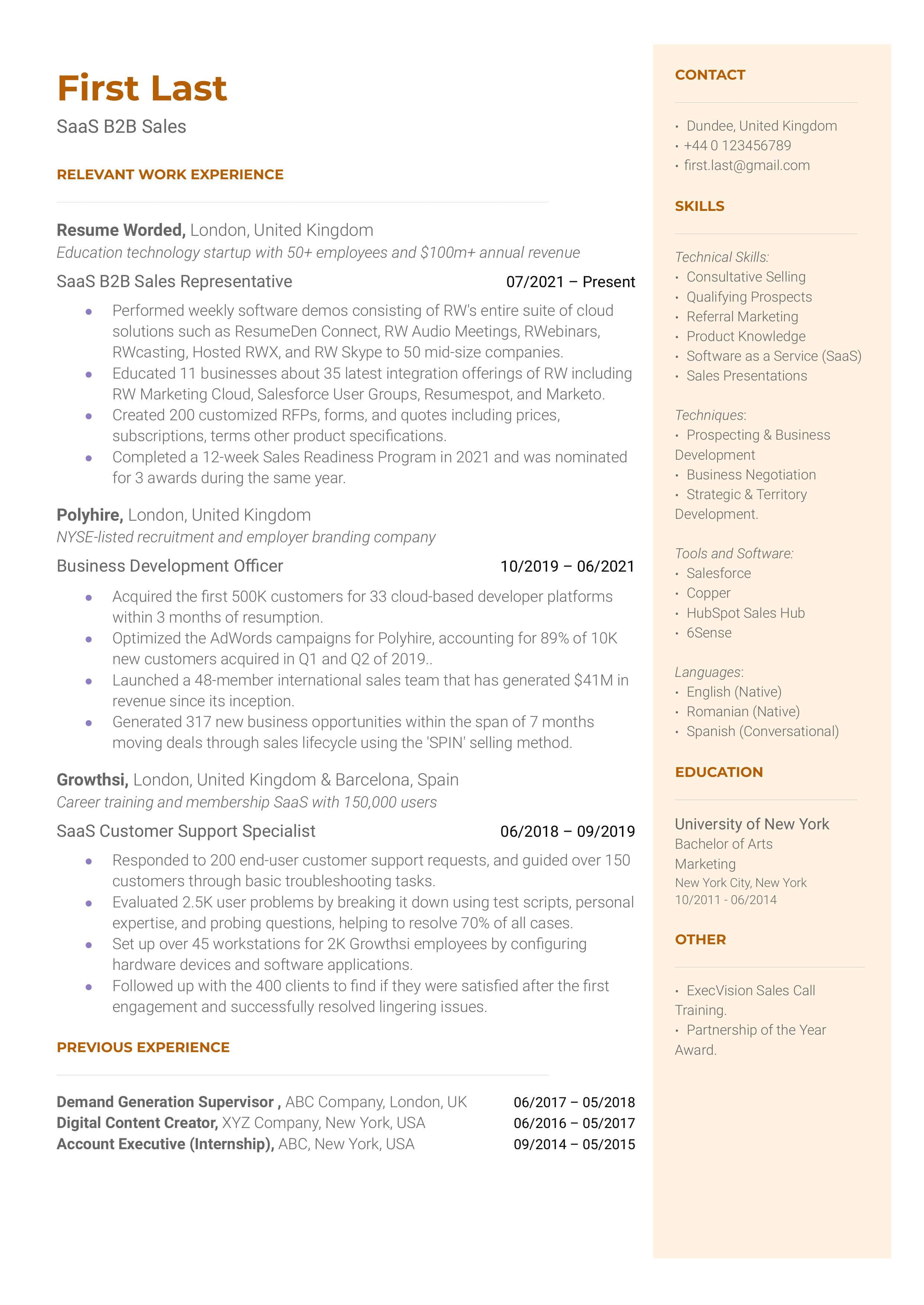 SaaS B2B Sales Resume Sample