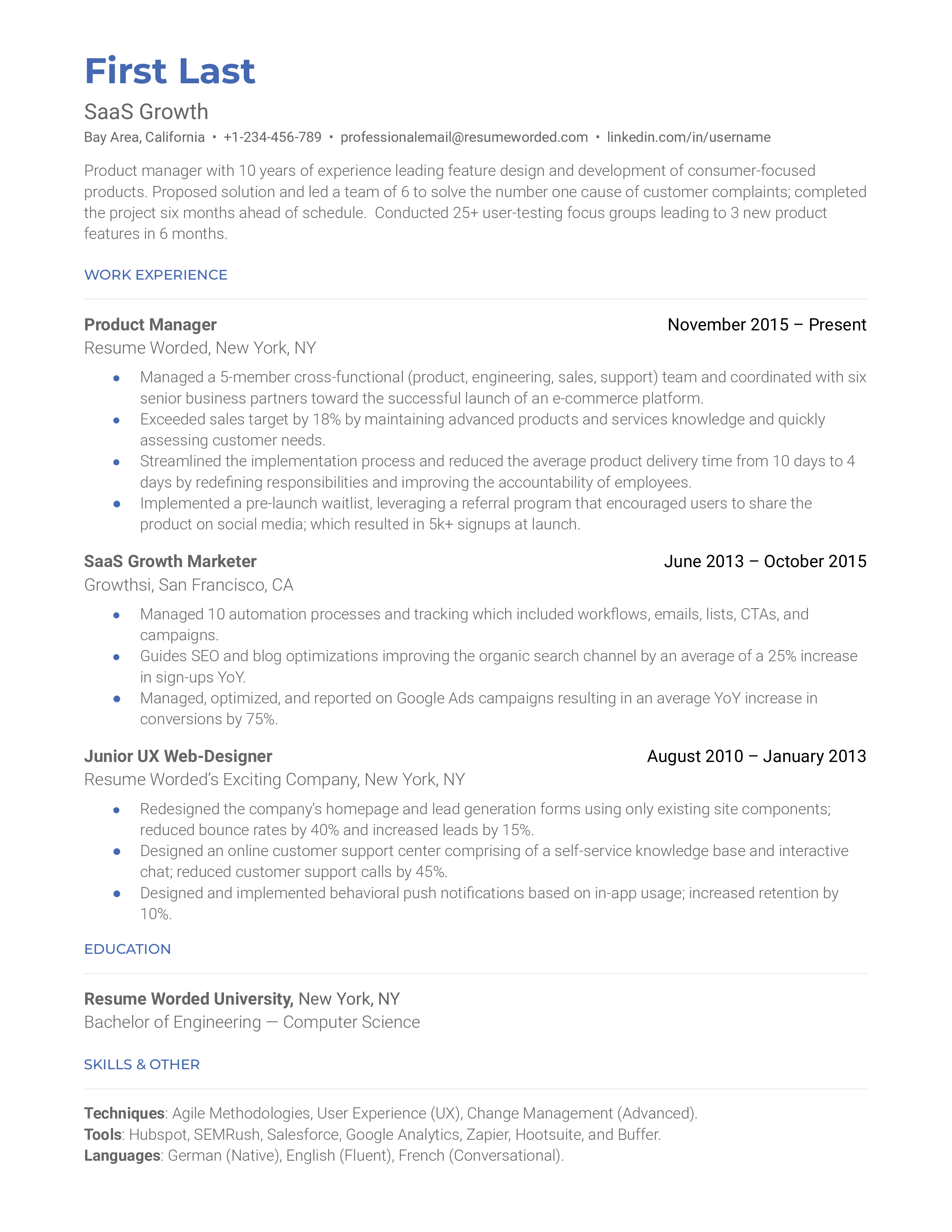 Screenshot of a CV tailored for SaaS Growth role.