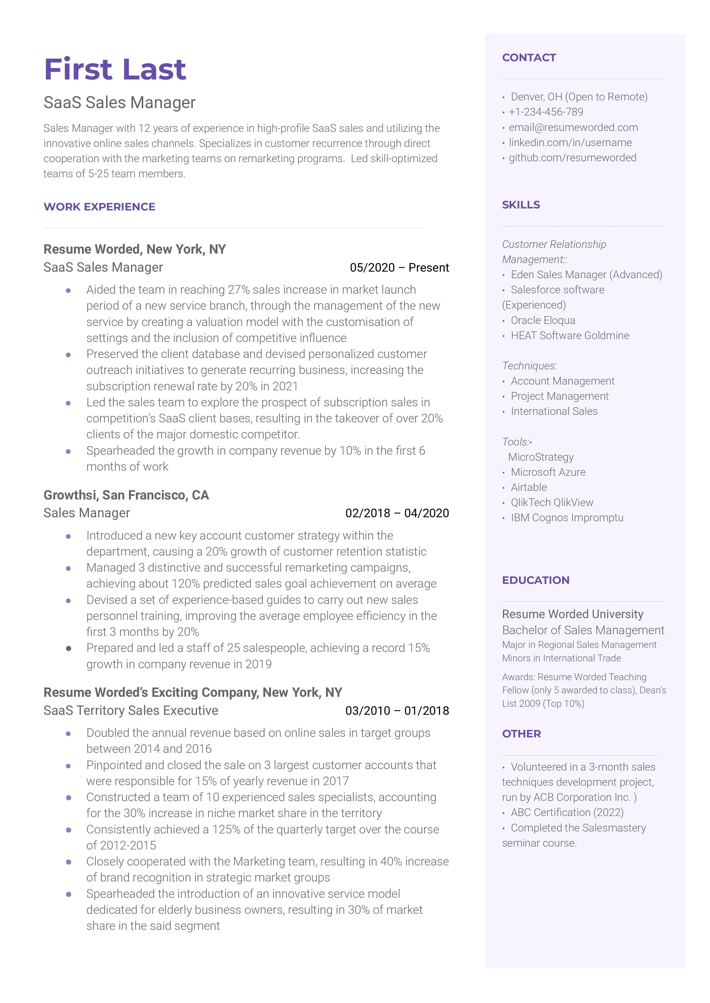 A SaaS sales manager resume template that demonstrates relevant industry experience