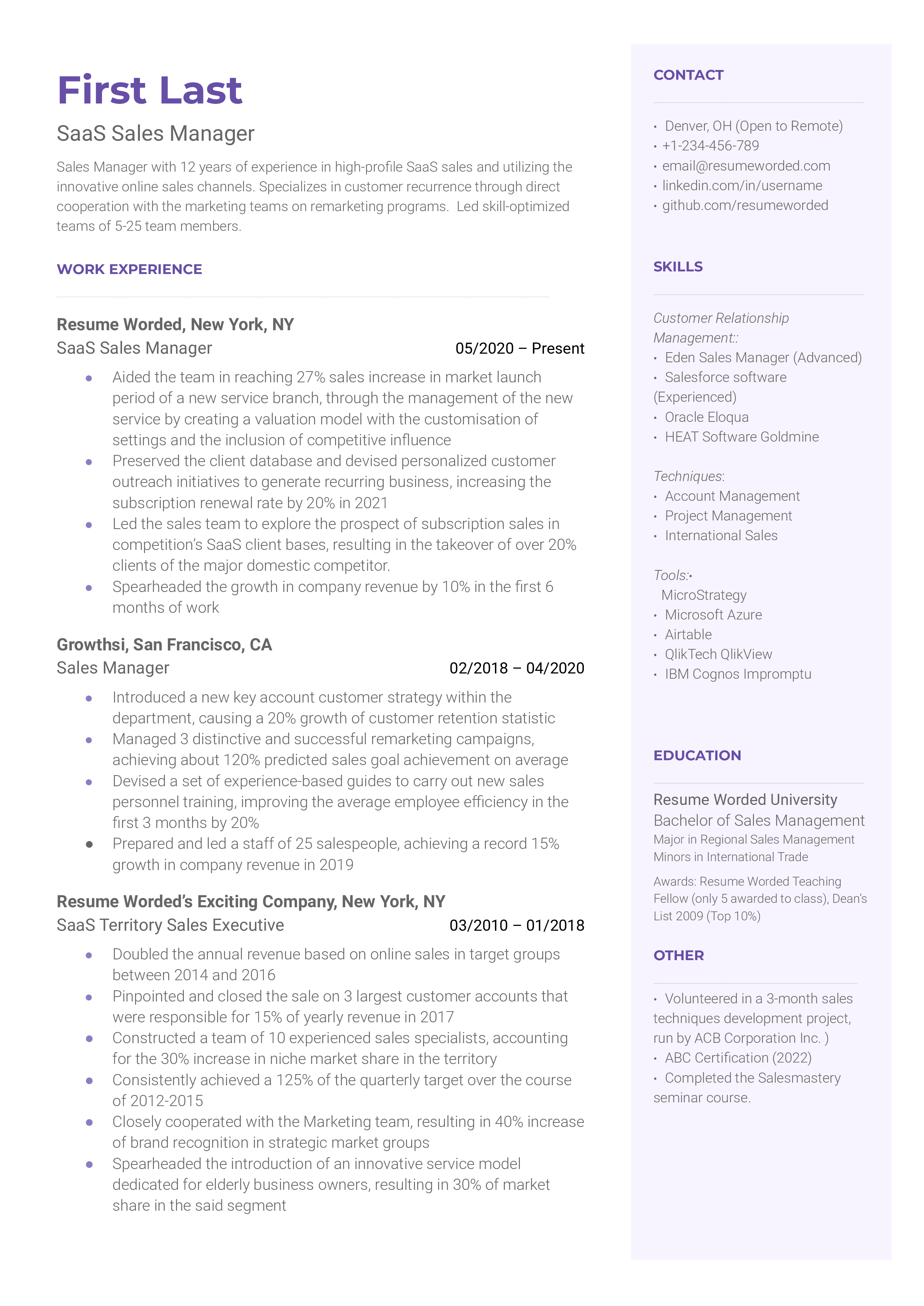 A SaaS Sales Manager's CV demonstrating subscription-model experience and product integration skills.