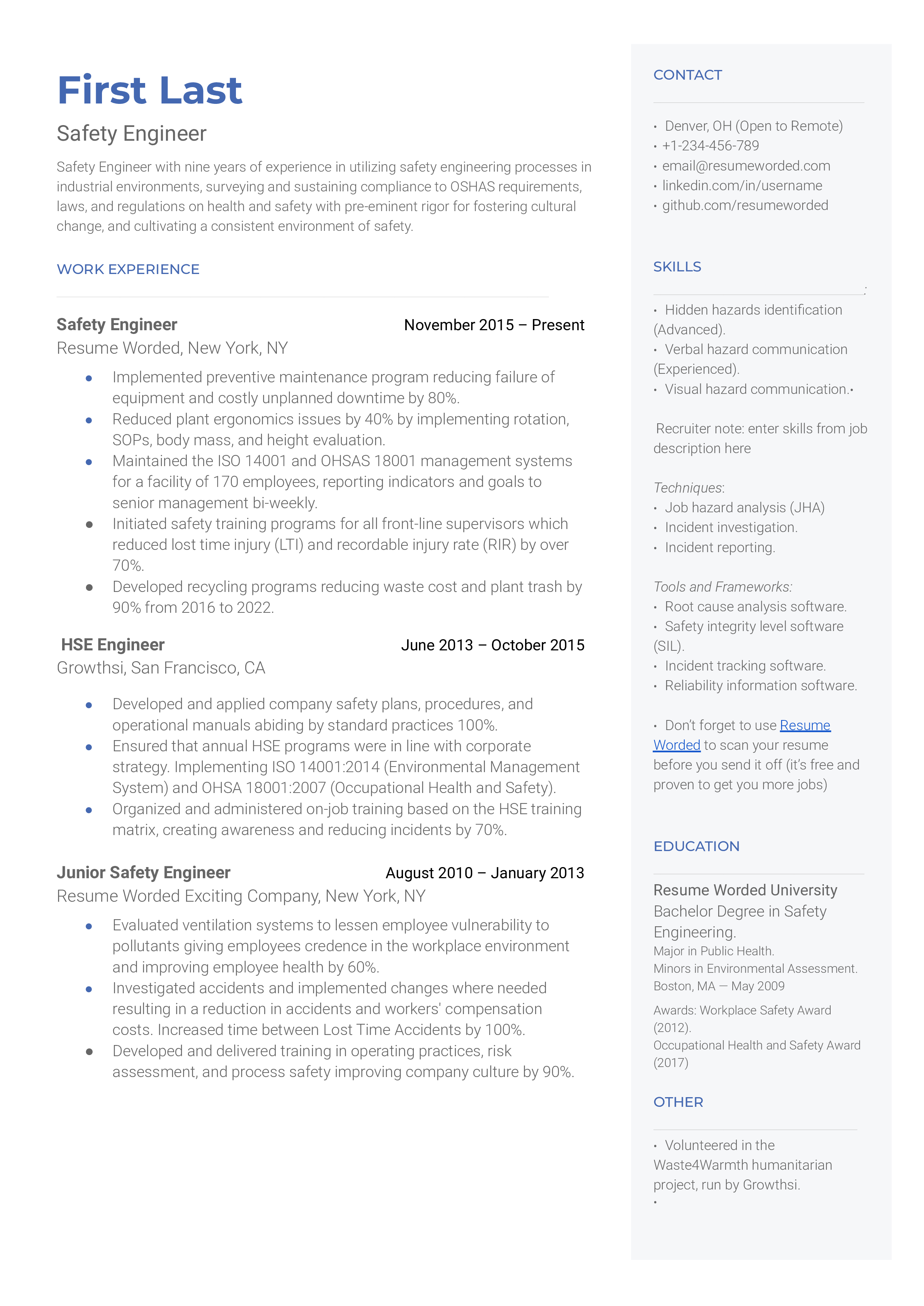 Safety Engineer's CV showcasing expertise in risk analysis and safety system design.