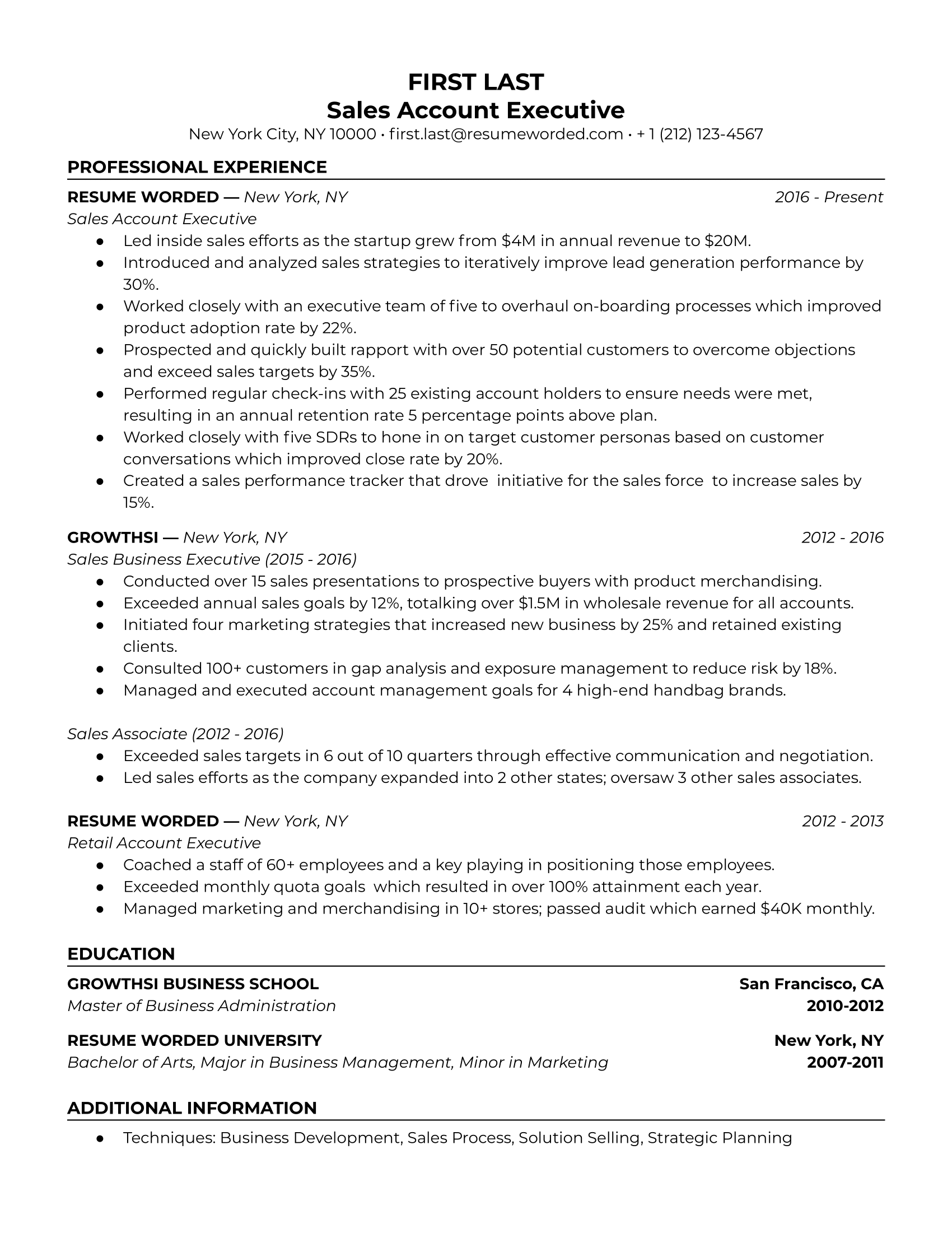 Sales account executive resume sample template with a strong focus on sales and marketing