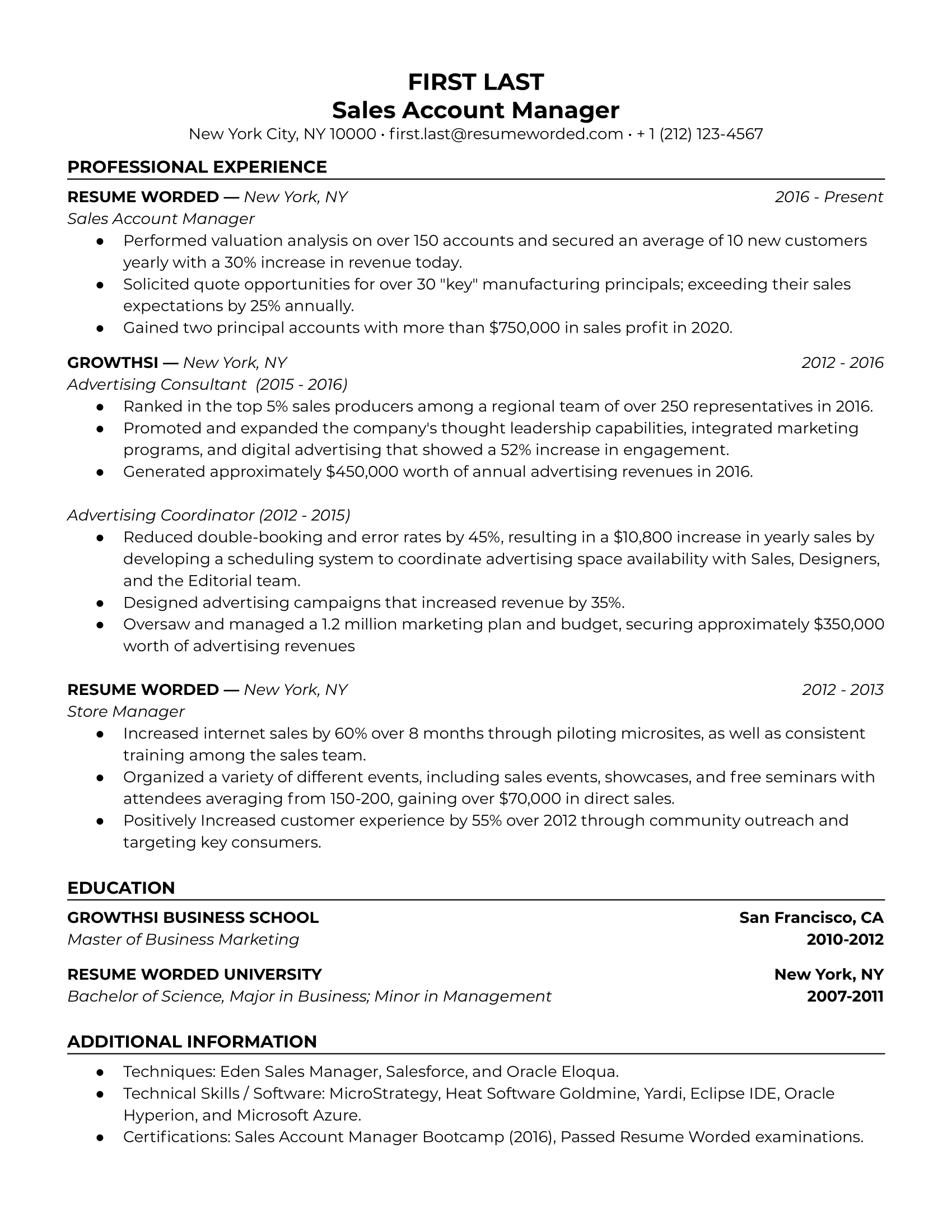 Sales Account Manager Resume Template + Example