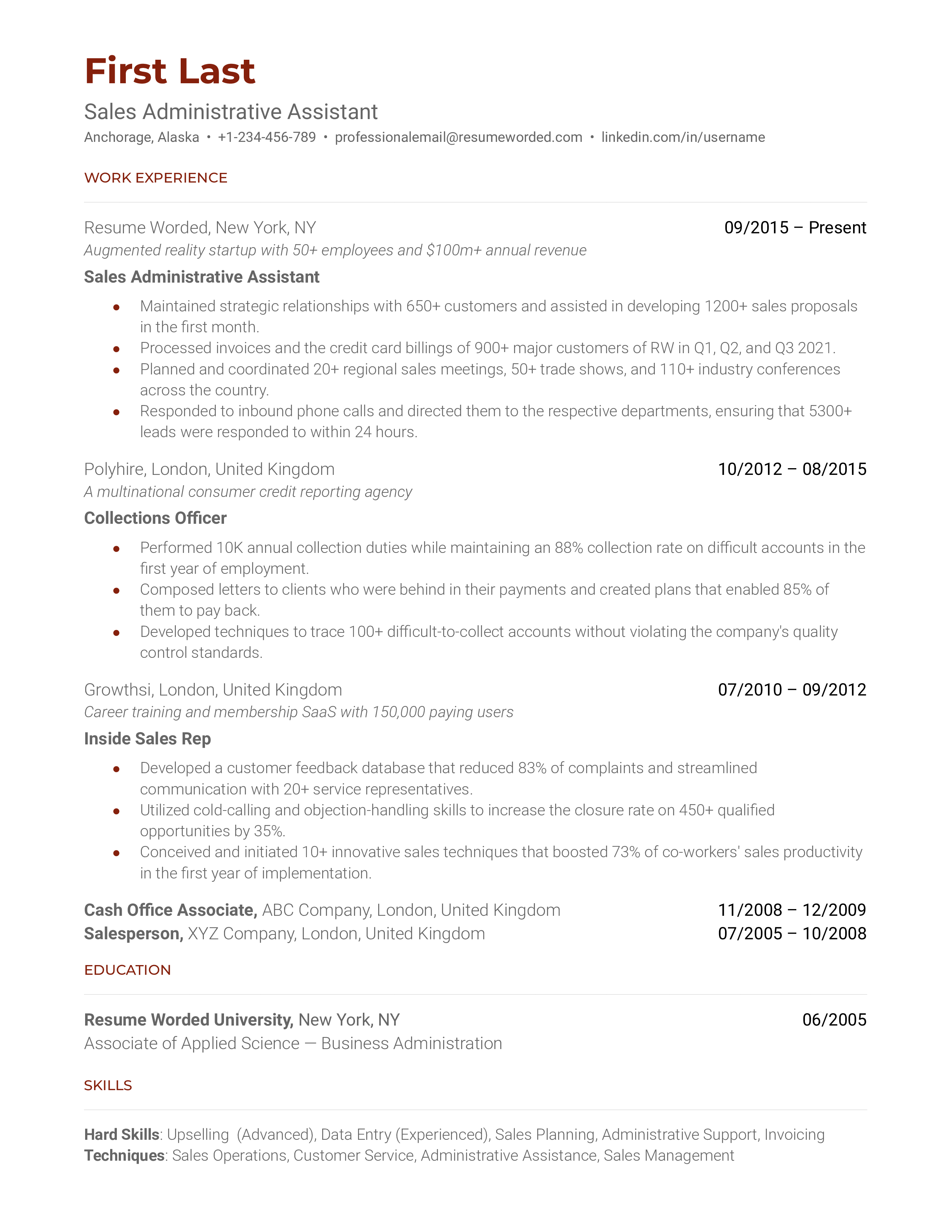 A resume for a sales administrative assistant with a bachelor's degree and experience as a sales clerk and sales coordinator.