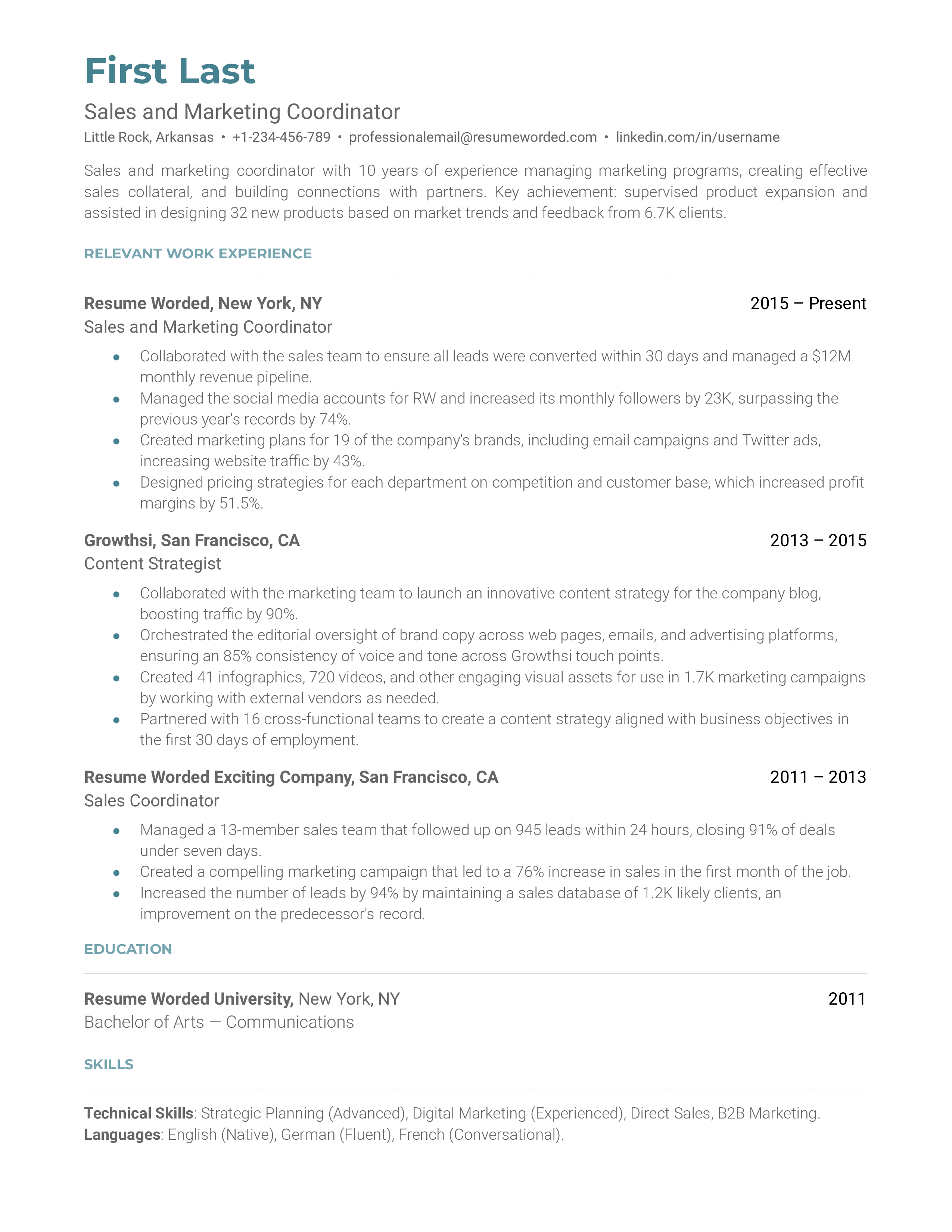 Sales and Marketing Coordinator Resume Sample