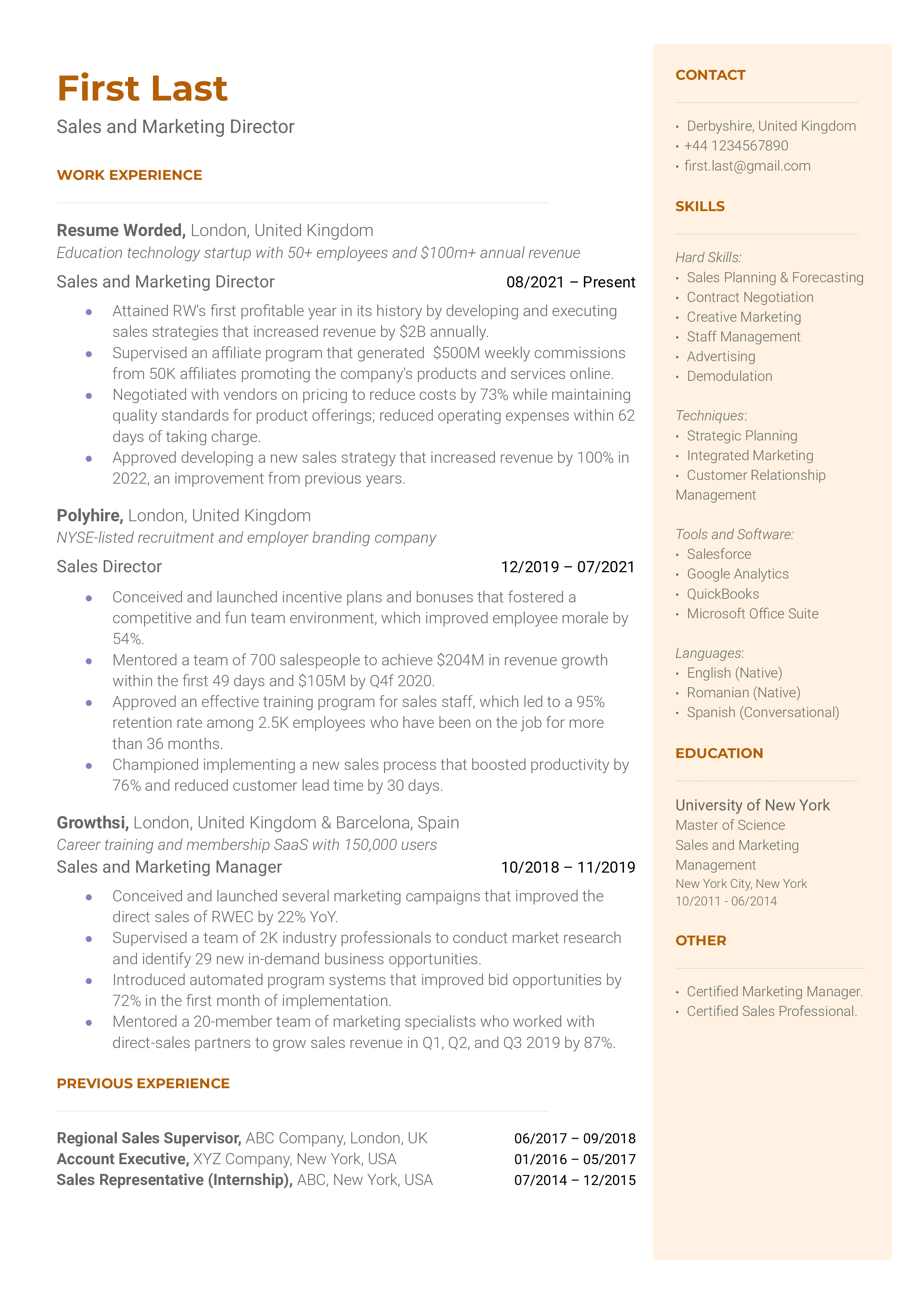 A well-structured CV of a Sales and Marketing Director showing professional experience and achievements.