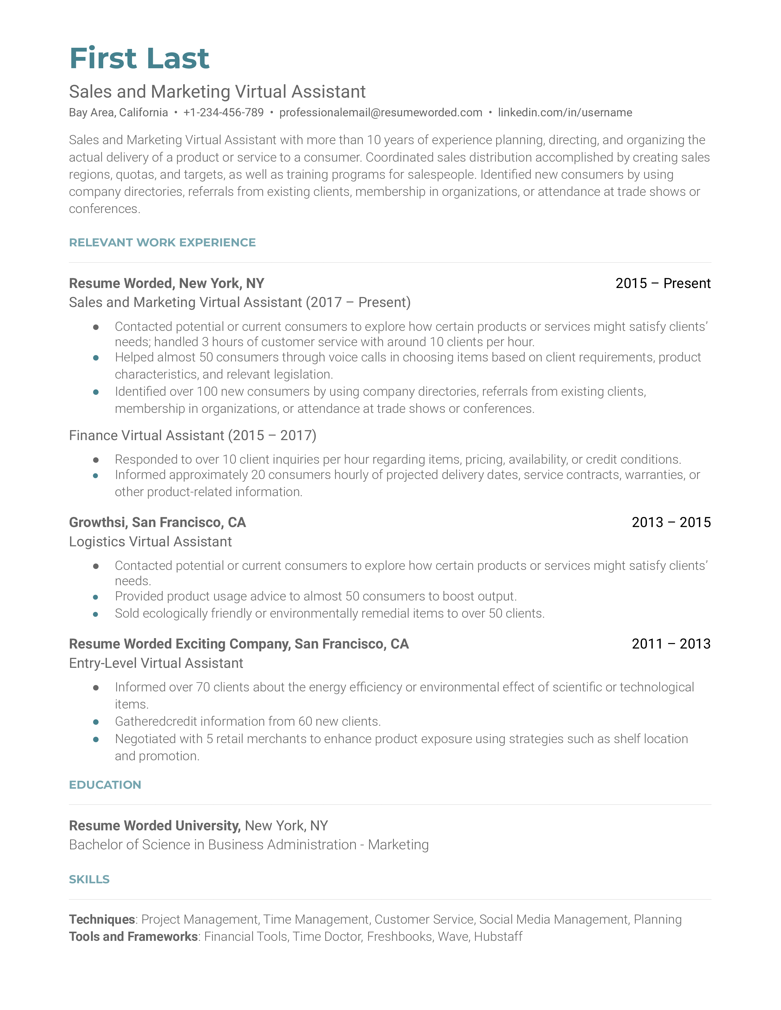 Sales and Marketing Virtual Assistant Resume Sample