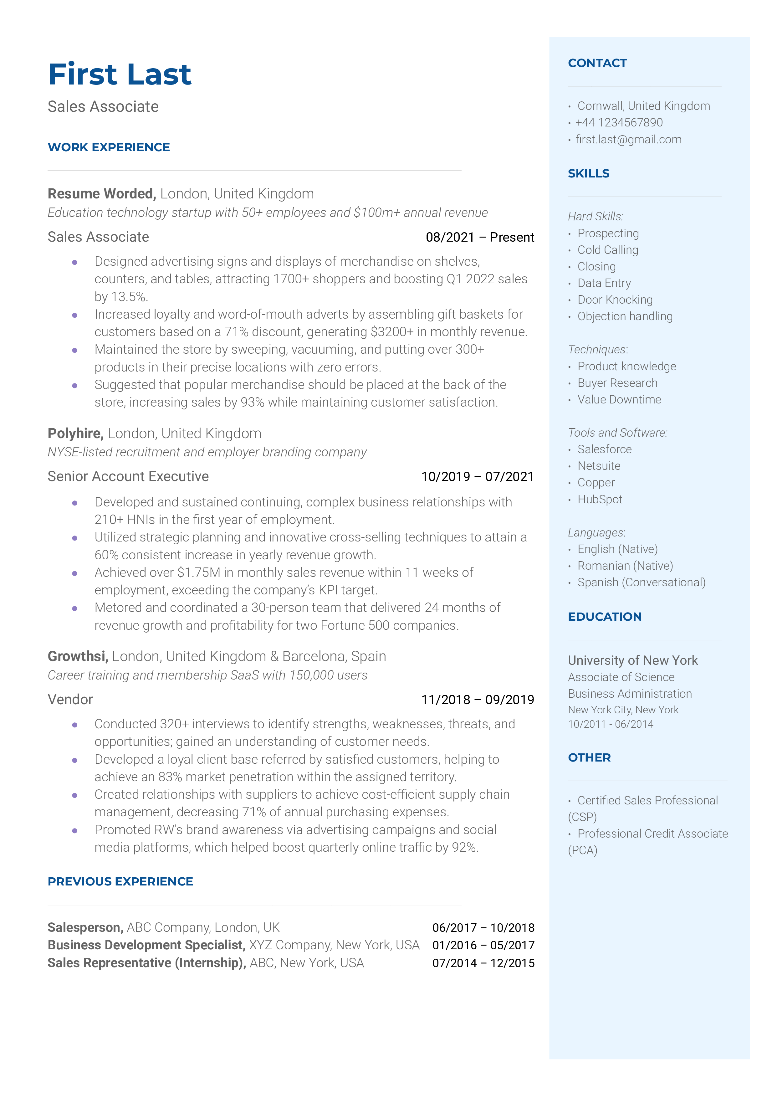 Sales Associate's CV highlighting sales achievements and product knowledge.
