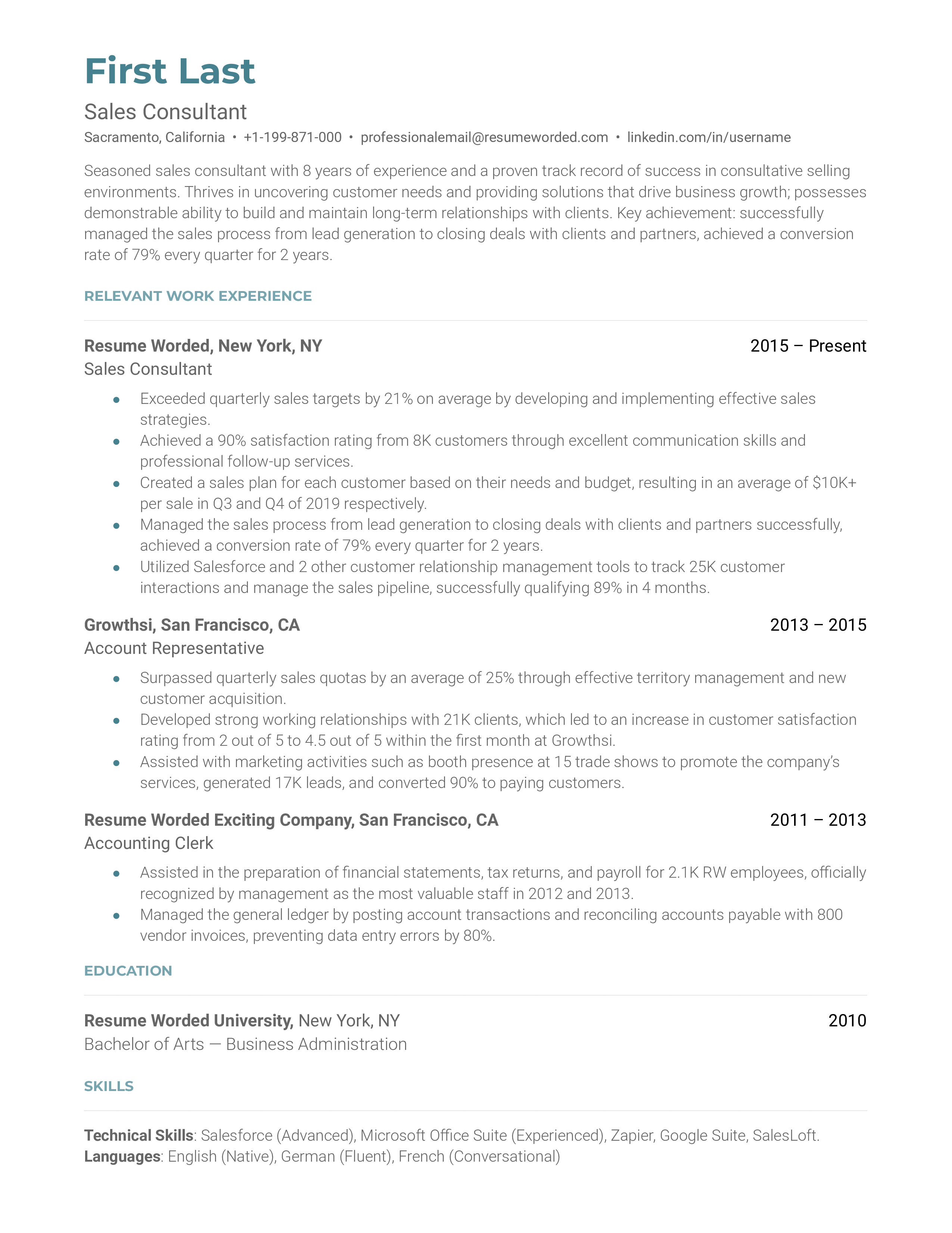A sales consultant resume template that includes a description and relevant work experience. 