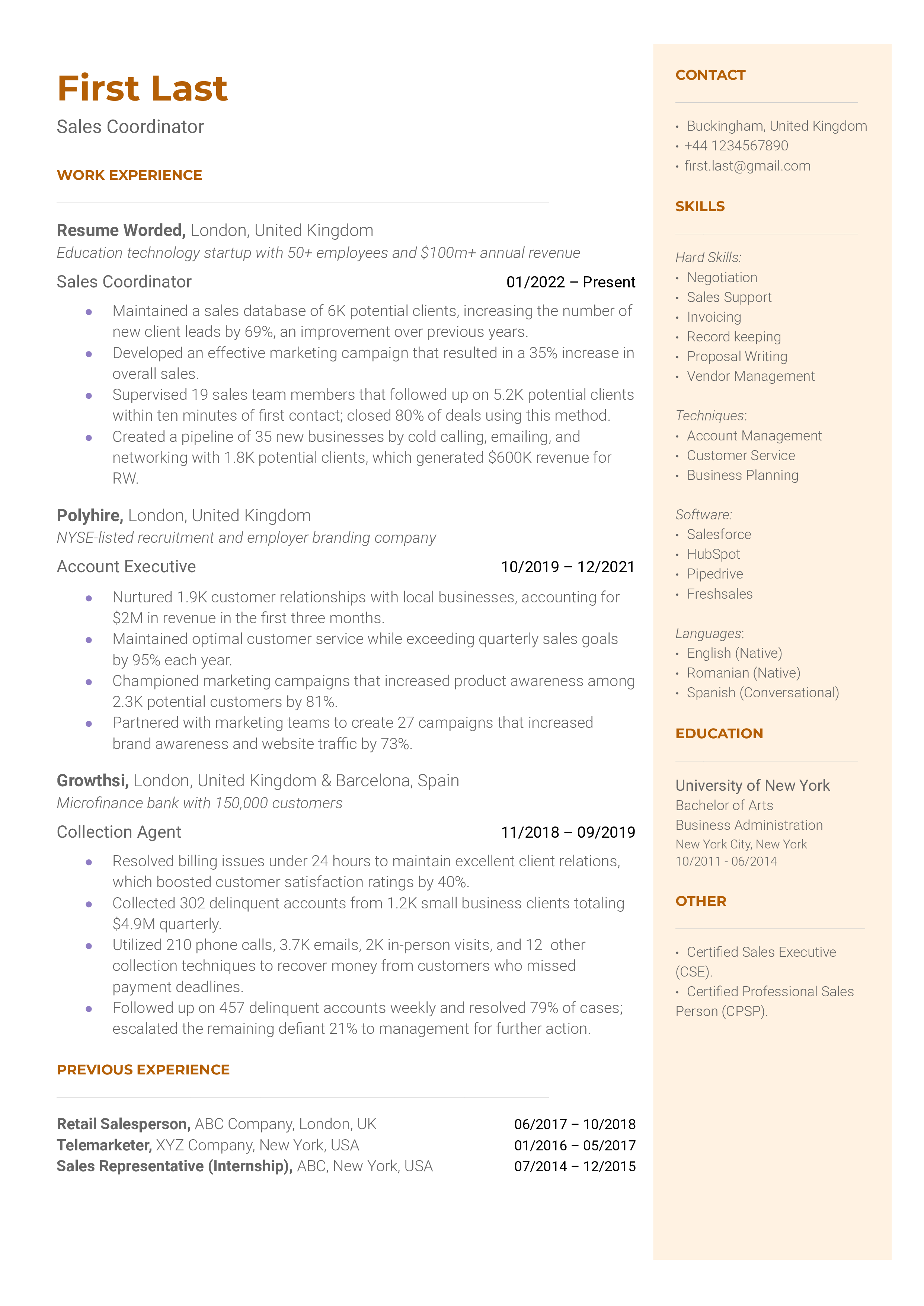 A well-organized CV for a Sales Coordinator role.