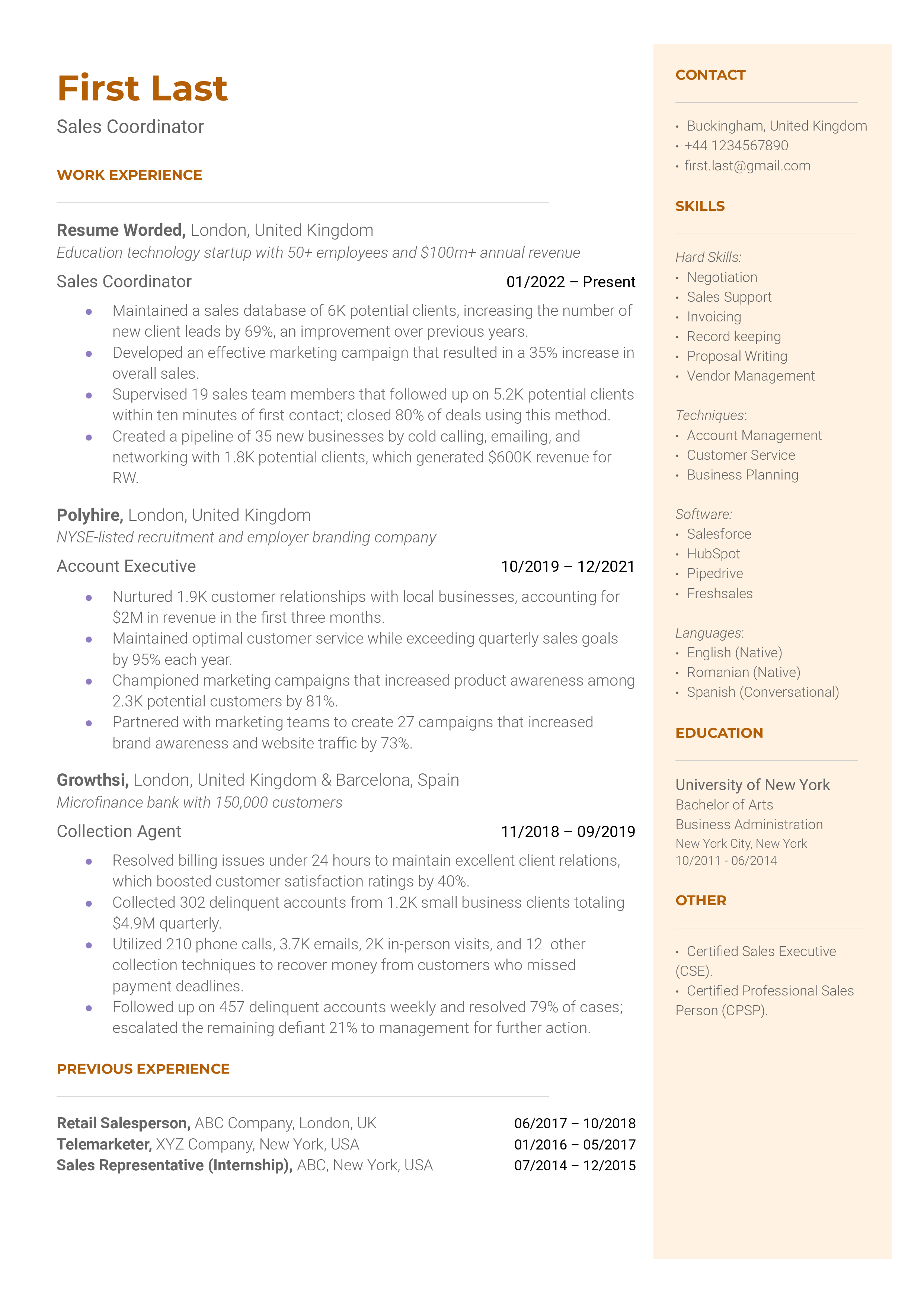 A sales coordinator resume template that focuses on hard skills