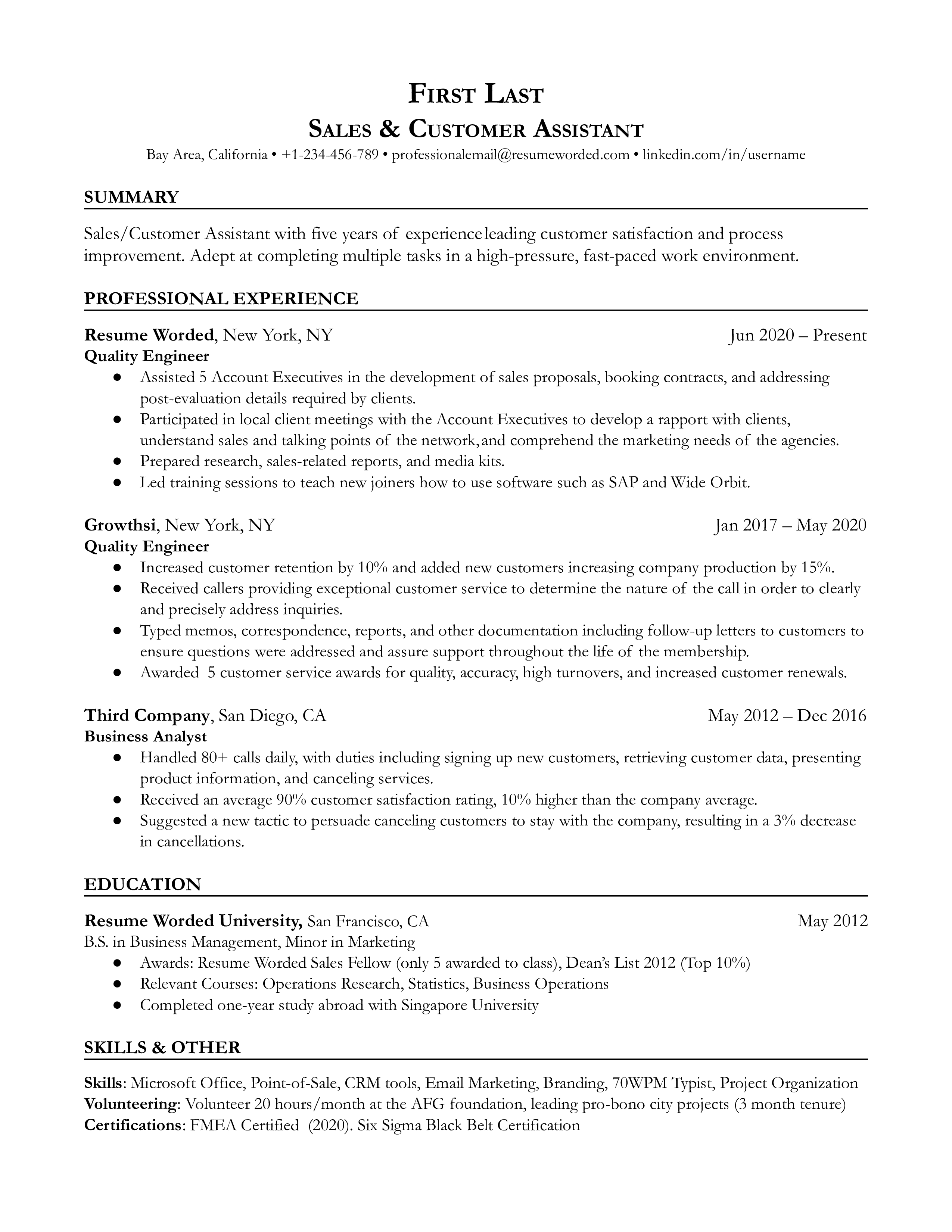 Sales/Customer Assistant Resume Template + Example