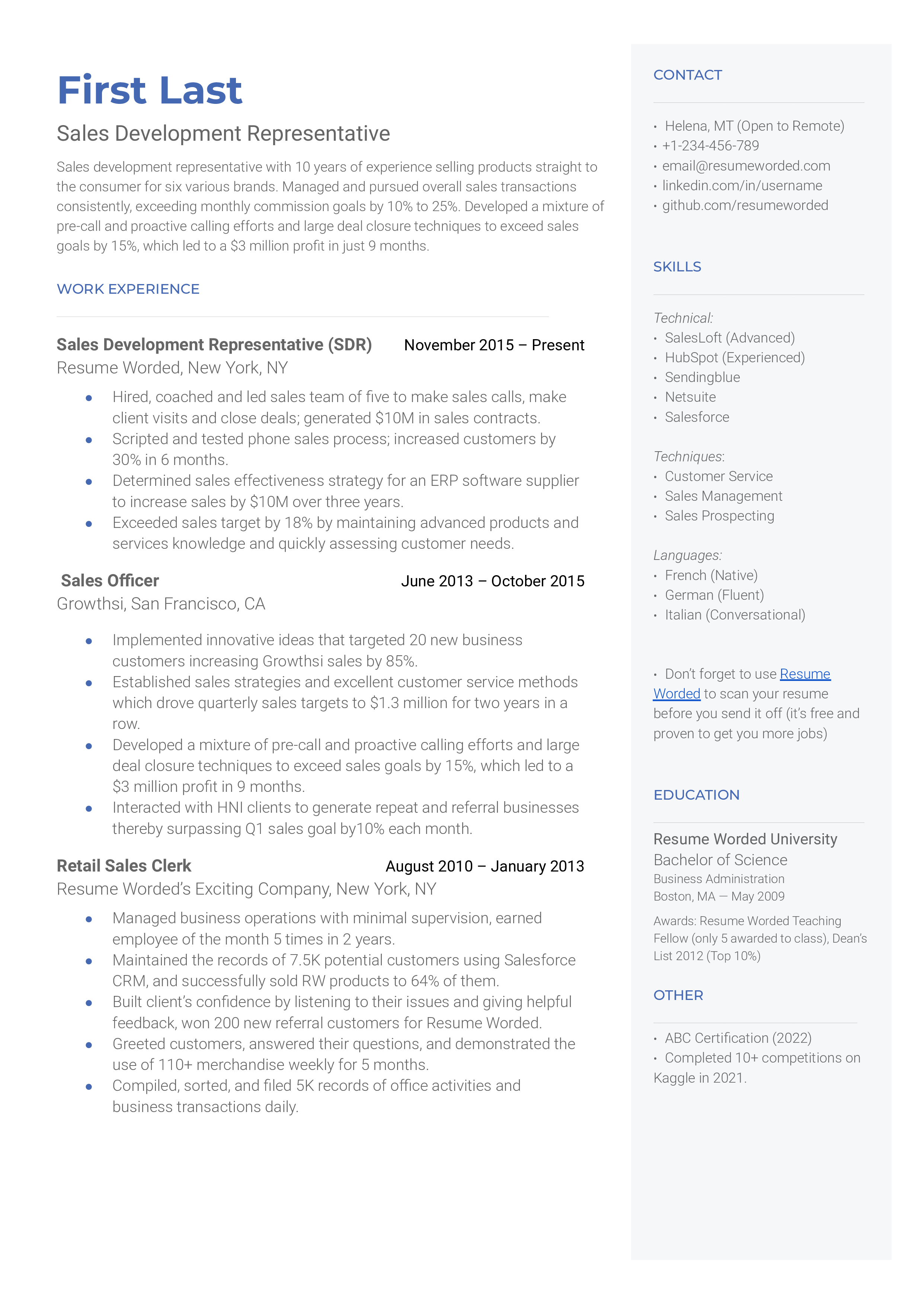 Sales Development Representative Resume Sample