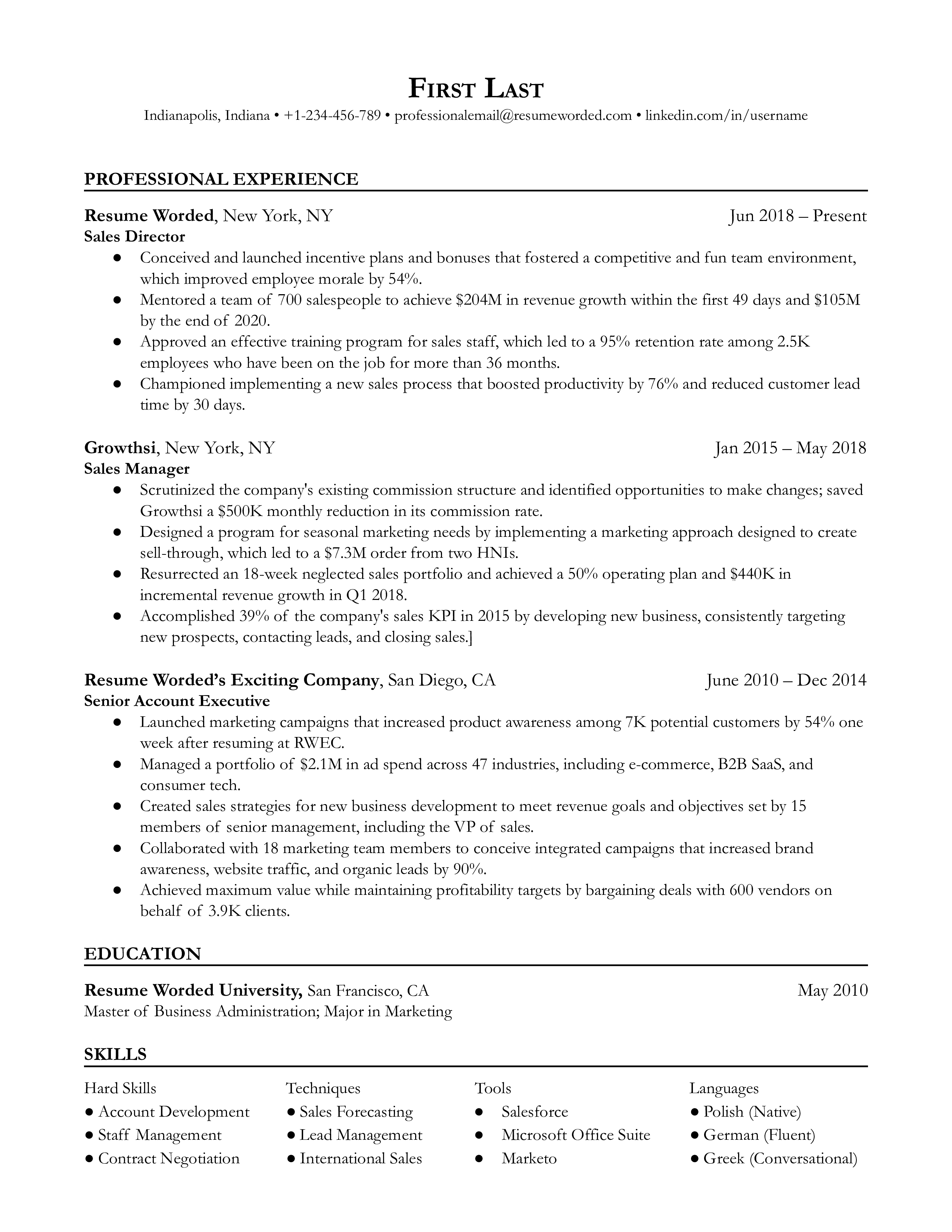 Sales Team Leader Resume Examples For 2024 Resume Worded   Sales Director 