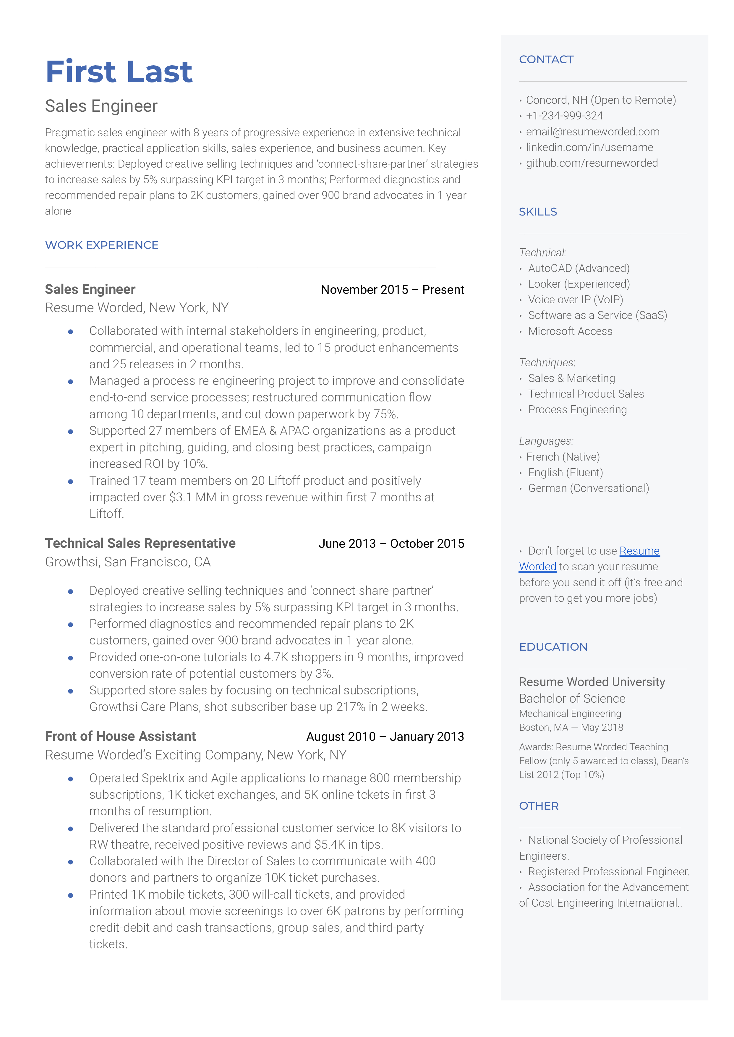 CV screenshot showcasing technical and sales skills for a Sales Engineer role.