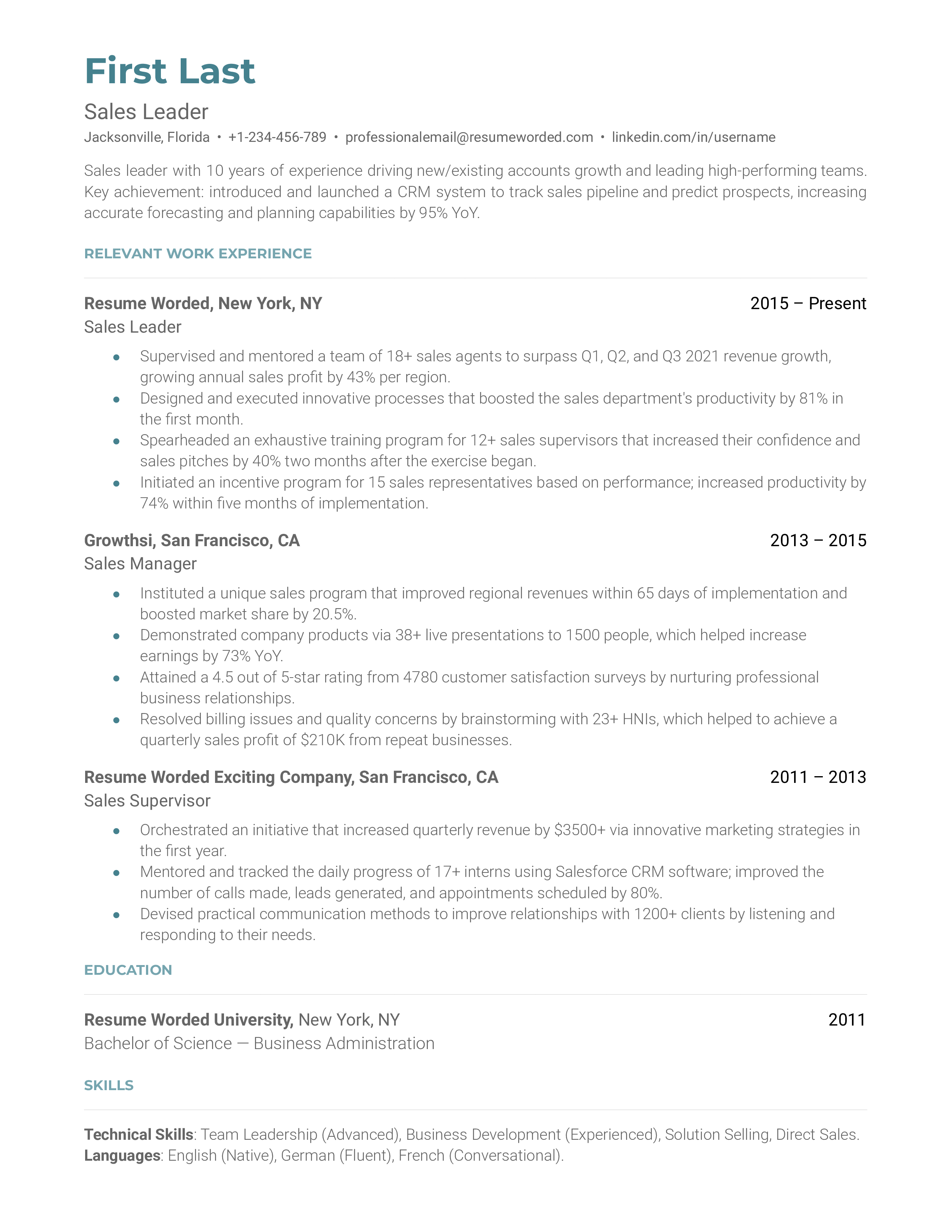  A sales leader resume template that uses industry-relevant keywords. 