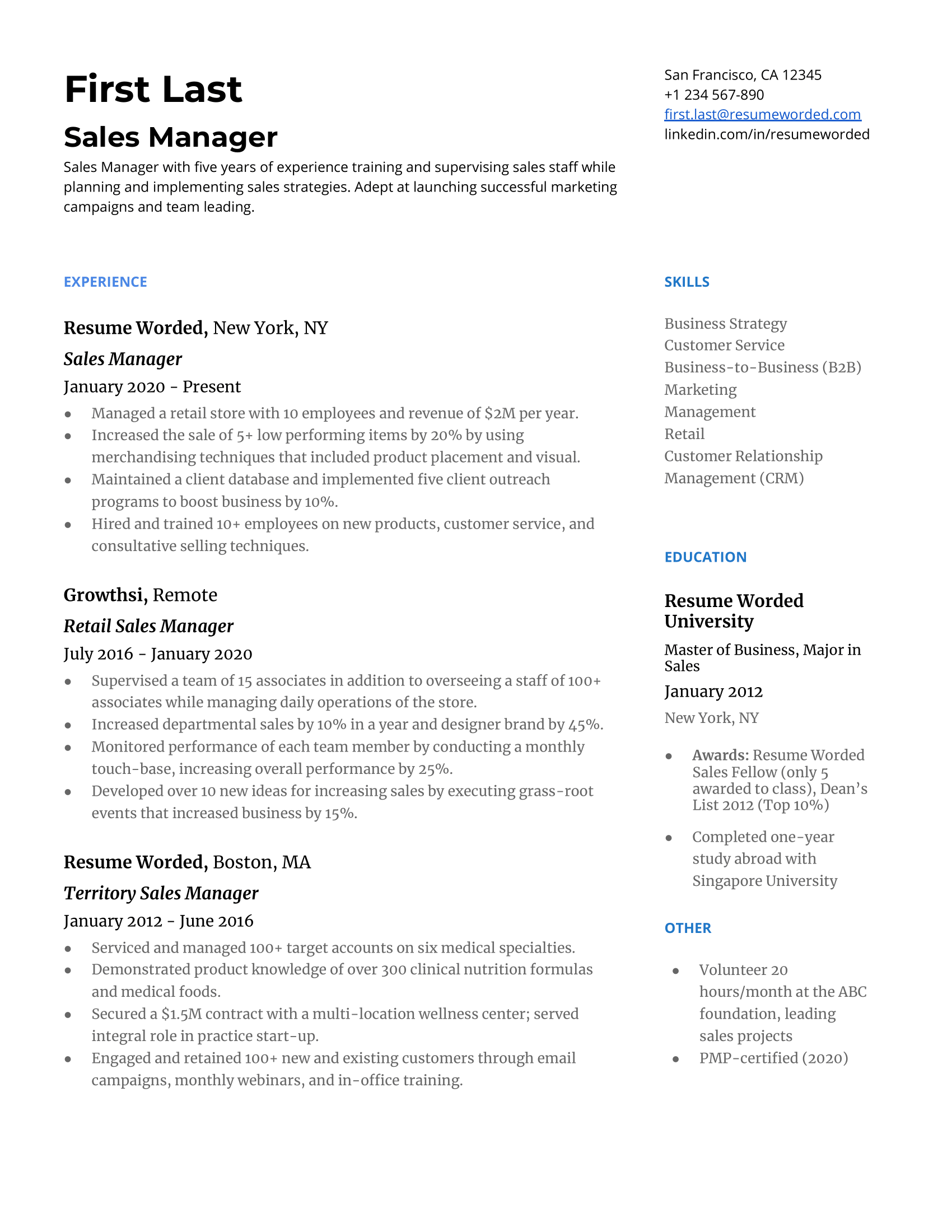 A well-crafted CV for a highly competent Sales Manager.