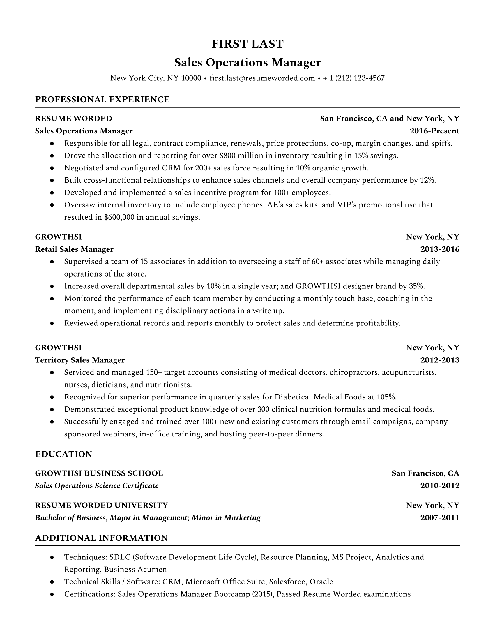 Sales operations manager resume with sales background, management experience, and performance metrics
