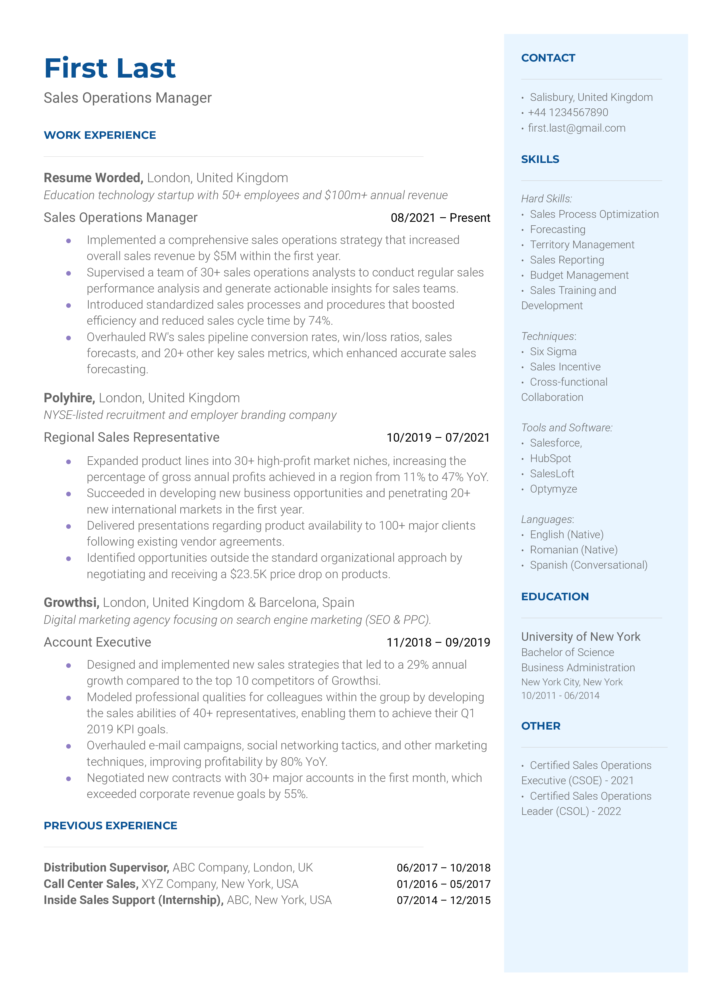 A well-crafted Sales Operations Manager resume highlighting data analysis and process improvement expertise.