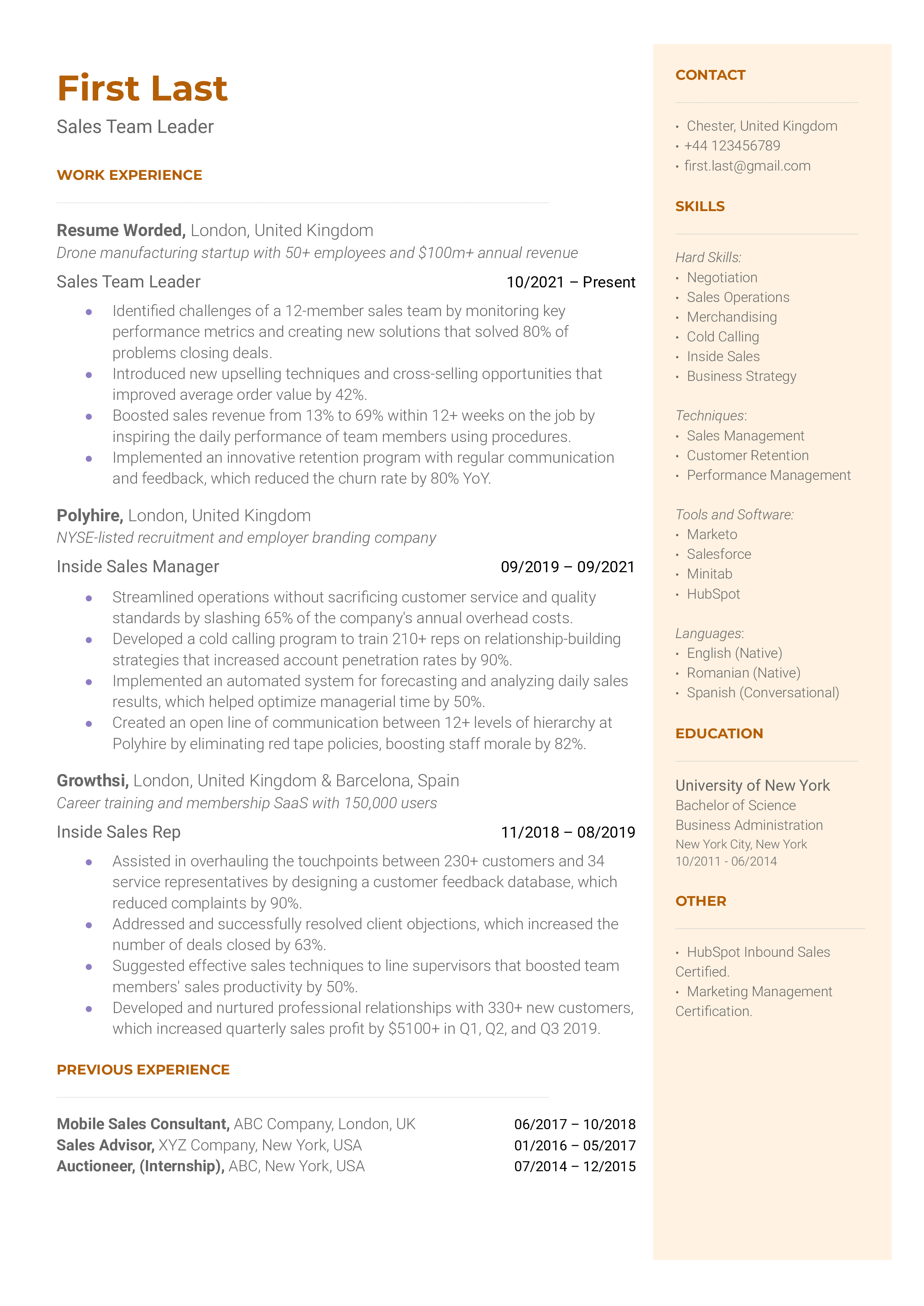 A sales team leader resume template that includes relevant certifications. 